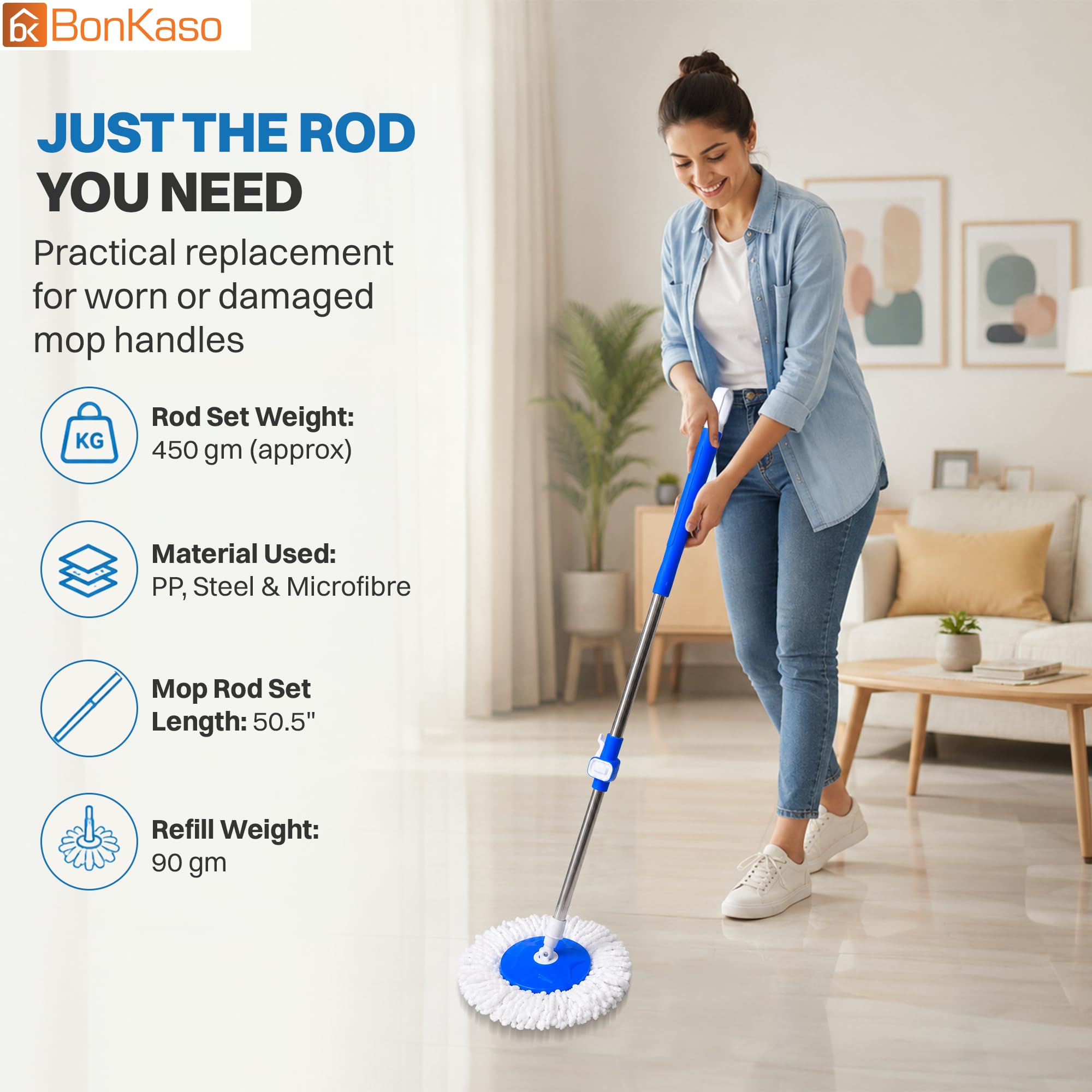 Bonkaso Spin Mop Rod - 50.5" Lightweight & Durable -2 Bonkaso Spin Mop Rod - 50.5" Lightweight & Durable -2