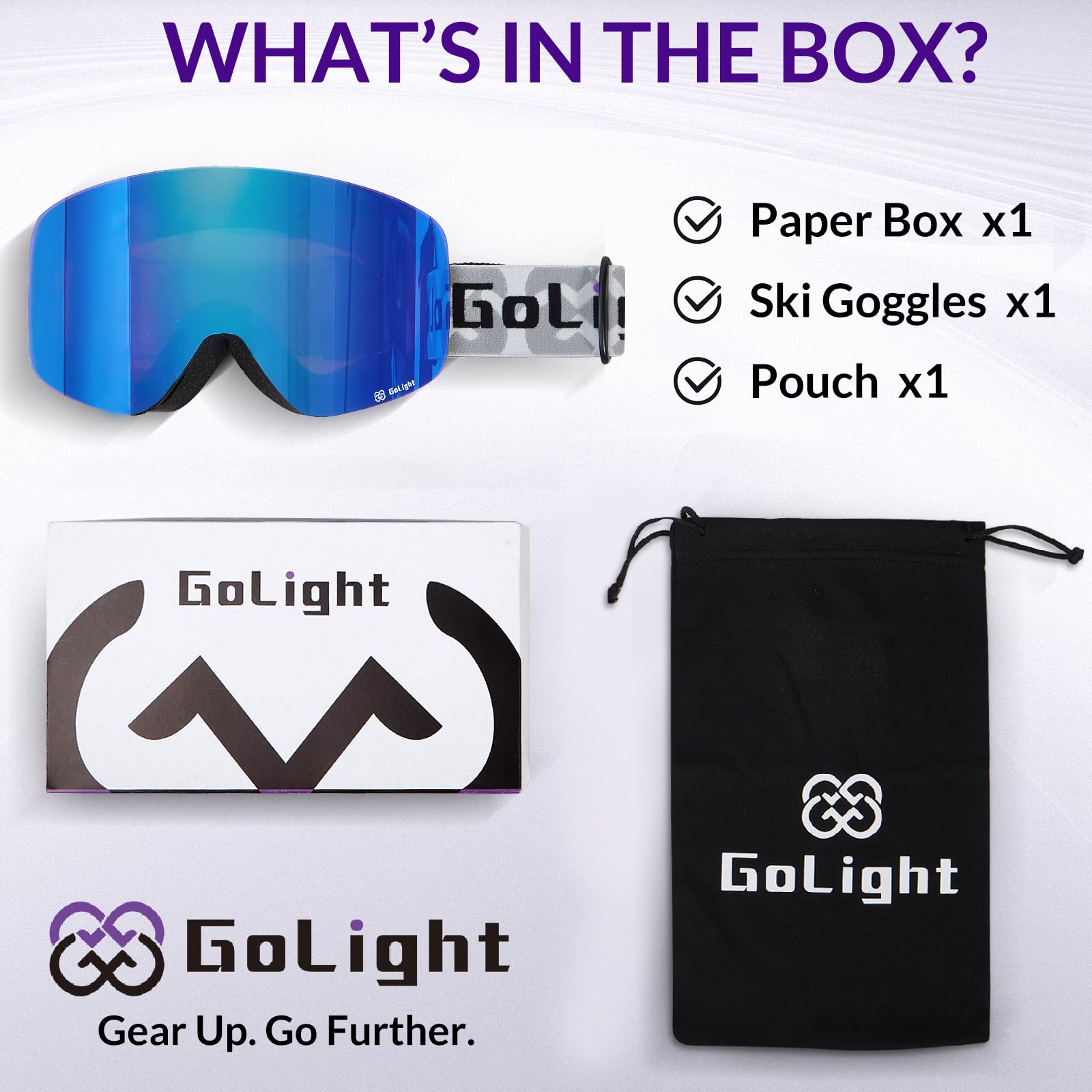GoLight OTG YG-83 Lunettes de ski et de planche à neige pour homme et femme, sans monture, protection 100 % UV, anti-buée, unisexe, pour neige, hiver, motoneige, patinage, bleu intégral