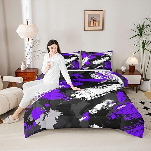 Miniatura 4 de Juego de edredón de panal de abeja, juego de ropa de cama de camuflaje negro y morado, geométrico, ejército, edredón de plumón abstracto, colmena