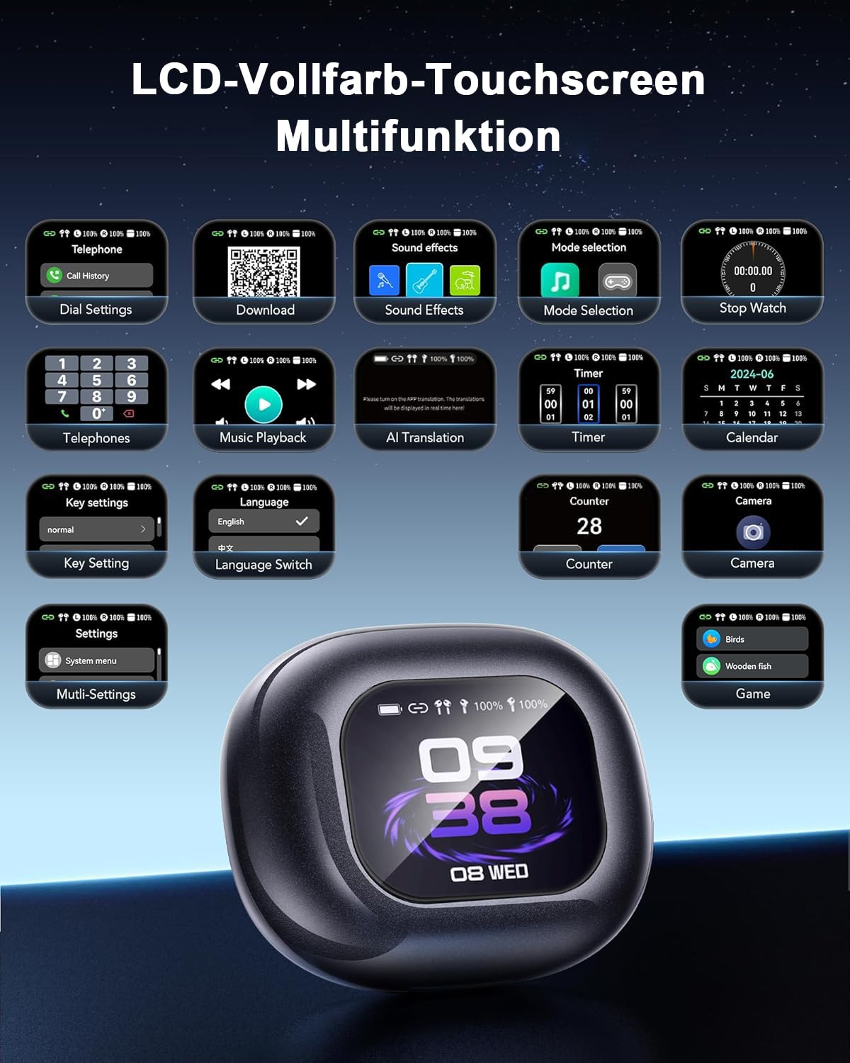 KI Übersetzer Kopfhörer 188 Sprachen, 4-in-1 Bluetooth 6.1 Übersetzungskopfhörer in Echtzeit, OWS Open Ear Sprachübersetzer Kopfhörer mit LCD-Touchscreen für Geschäft, Reisen und Studium, Schwarz