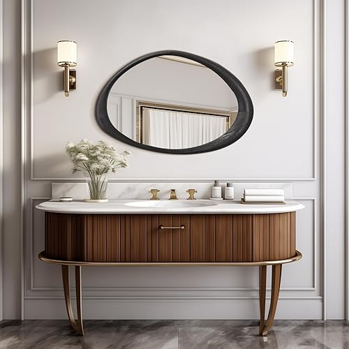 Miniatura 5 de AAZZKANG Espejo irregular negro asimétrico montado en la pared, espejo grande y moderno con marco de madera para baño, dormitorio, sala de estar,