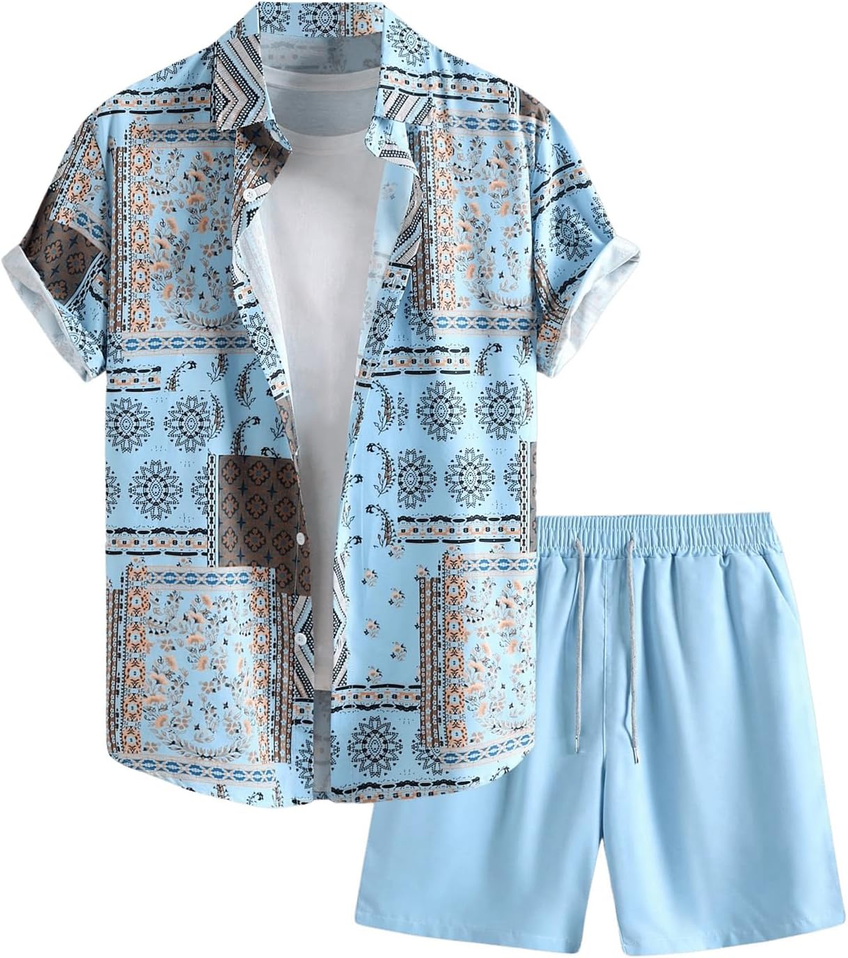 COZYEASE Men's 2 Pieces Floral Letter Graphic Print Button Front Short Sleeve Shirt Top and Shorts Set