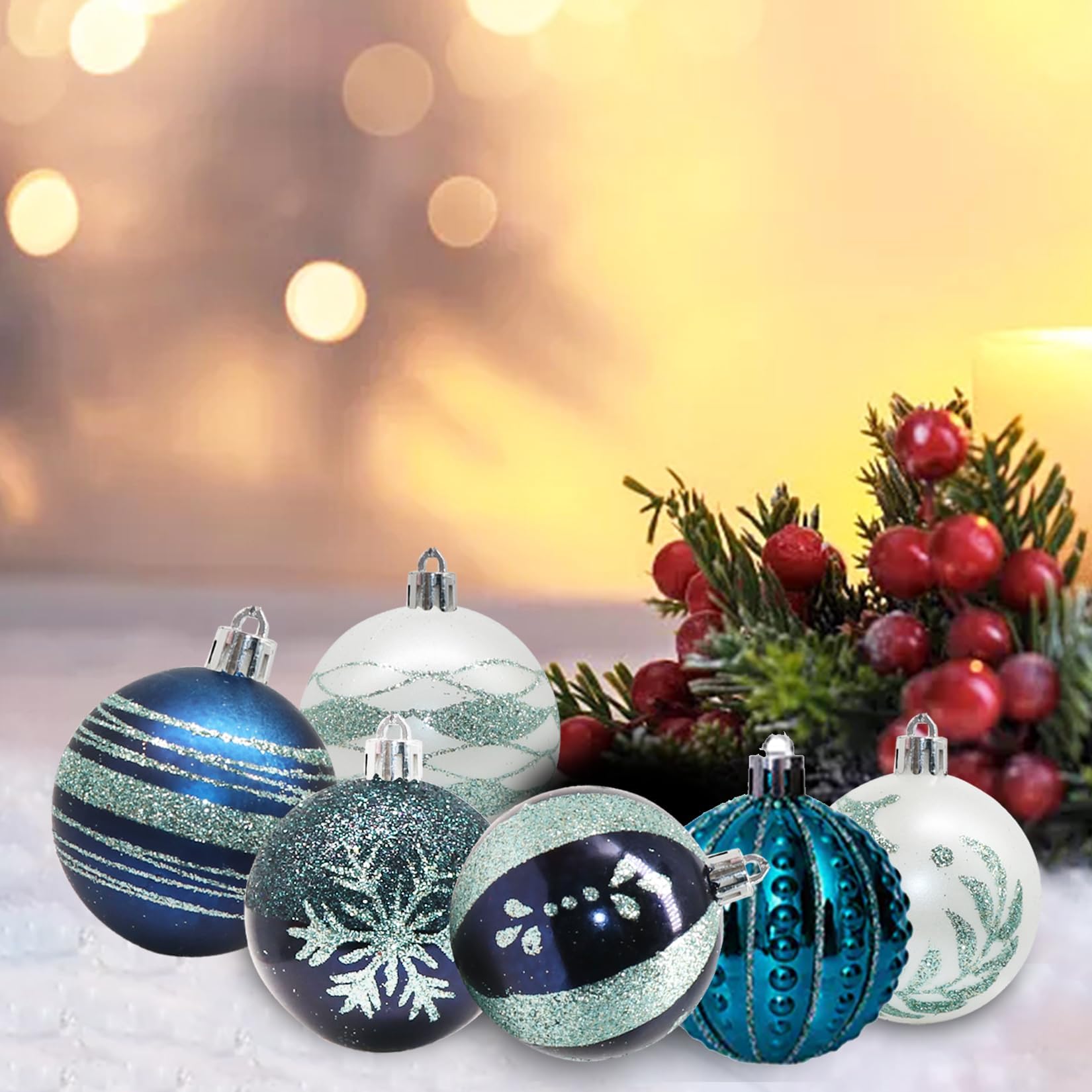 30 Stück Weihnachtskugeln Weihnachtsdeko Set Blau und Weiß, 6cm Weihnachtsbaumschmuck Weihnachtskugeln Handbearbeitet mit Aufhänger für Christbaumschmuck & Weihnachten Deko Christmas Balls Blue