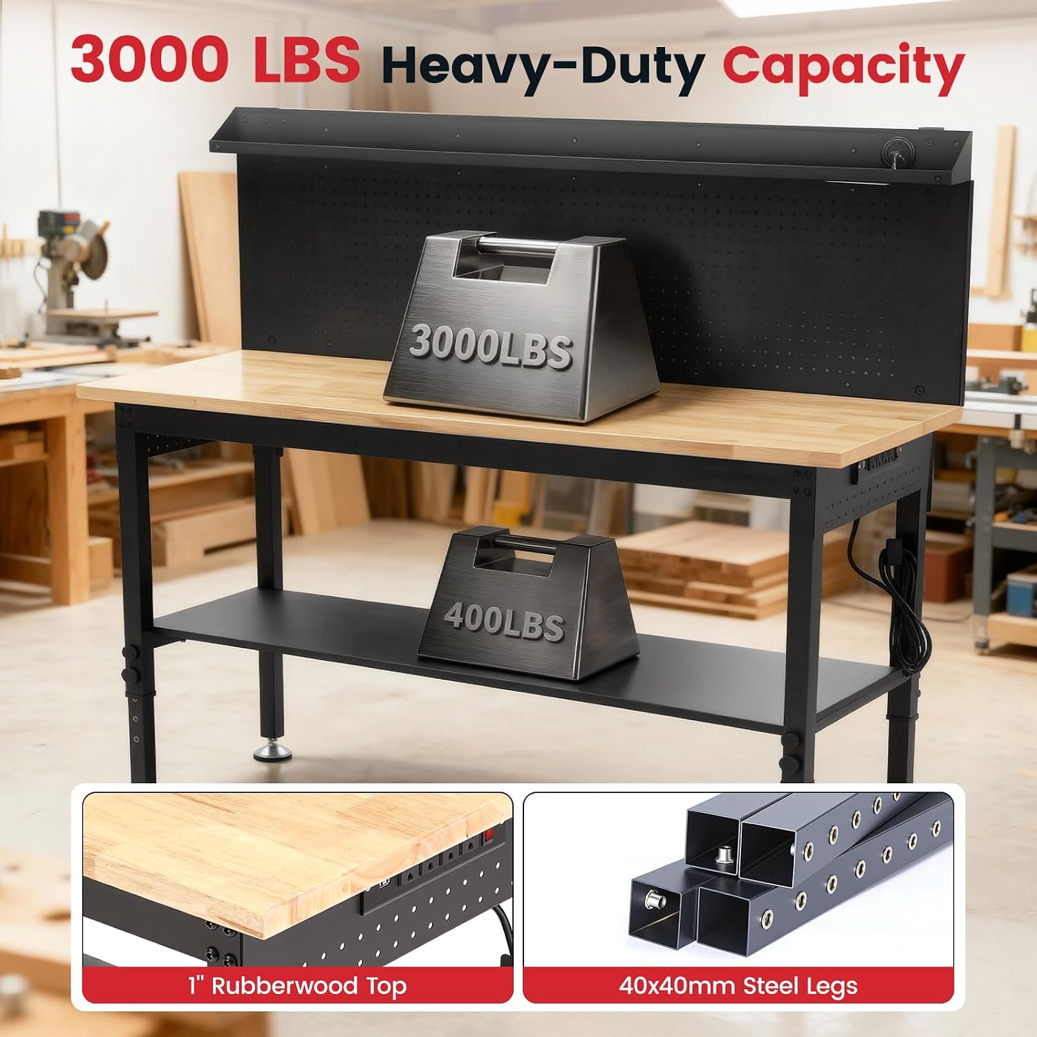 ENJOYWOOD 60 Inch Heavy Duty Workbench 3000 lbs Load Capacity Adjustable Height Work Table with Integrated Pegboard, Power Outlets, LED Light & Storage Shelf for Garage Workshop