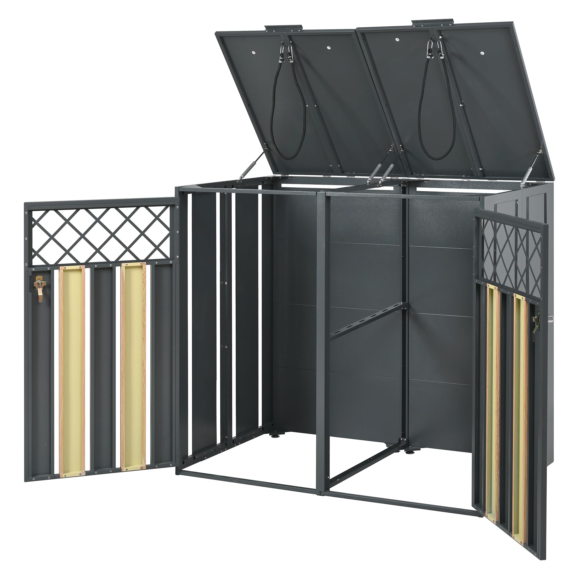 Merax Mülltonnenbox 2 Türen mit hydraulischem Klappdeckel & doppelter Frontöffnung, abschließbare Mülltonnenverkleidung für 2 Tonnen, Doppeltür-Design, verzinkter Stahl, rostfrei & wetterfest, Grau