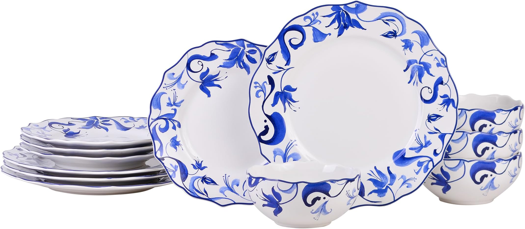 222 Fifth Ayla 12-Piece Dinnerware Set – Service for 4, Durable Porcelain, Includes Dinner Plates, Salad Plates, and Cereal Bowls, for Everyday Dining & Entertainment, Microwave & Dishwasher Safe