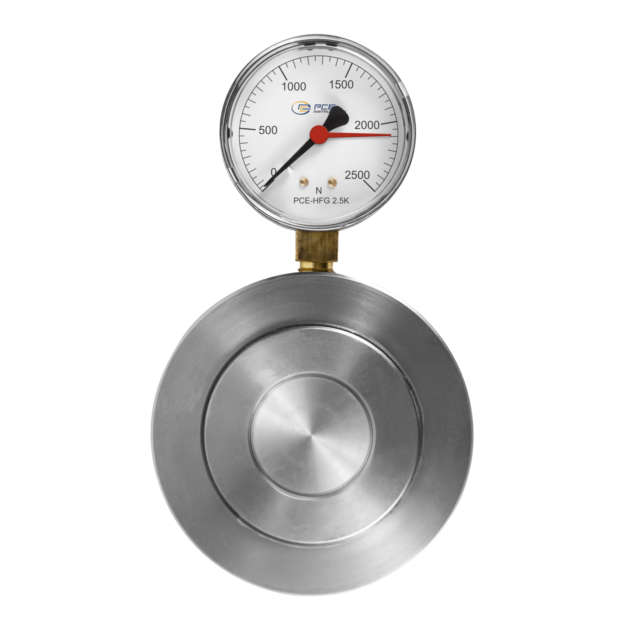 Dinamómetro hidráulico analógico PCE-HFG 2.5K / Compacto para espacios reducidos/Con aguja de arrastre/Incluye roscas de fijación/Apertura central de 27 mm/PCE Instruments