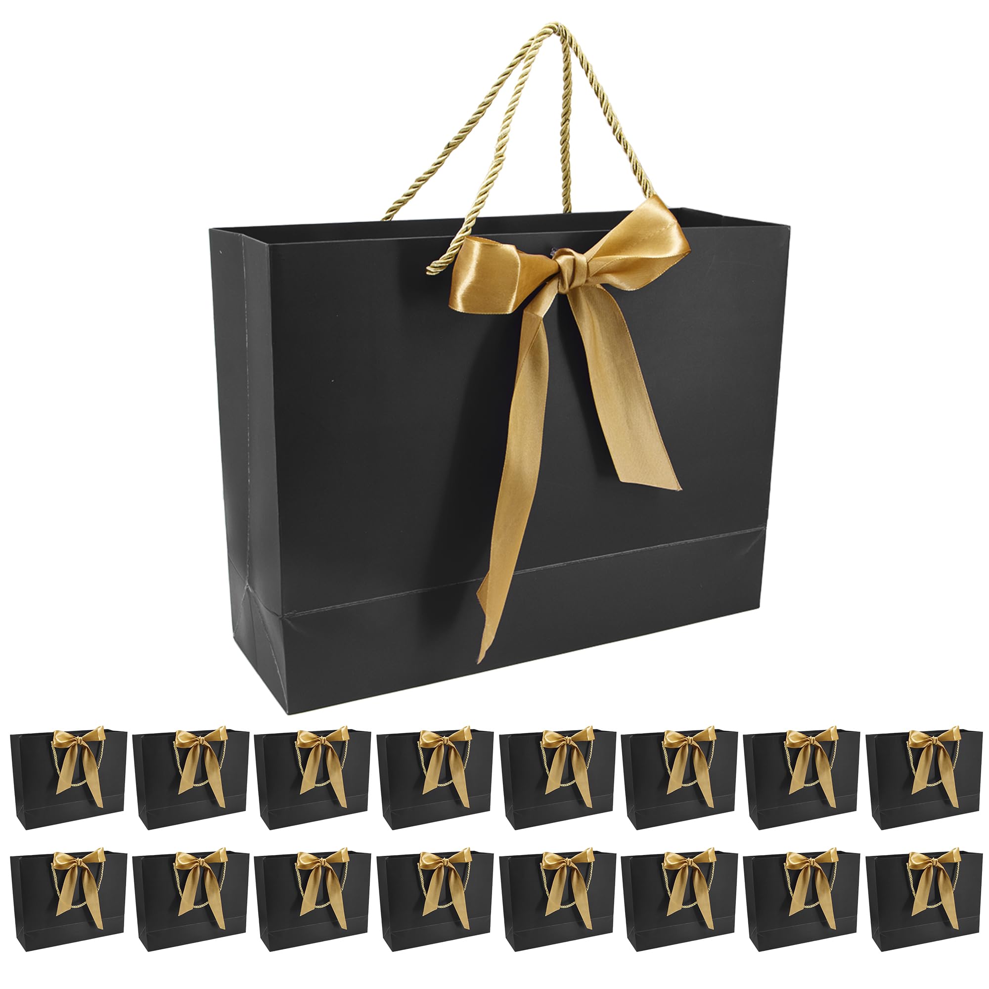 Time to Sparkle 16 PCS Gift Bags Large Size with Handles Bulk, Waterproof Paper Bags with Bow Ribbon for Baby Shower Wedding Party Birthday Holiday Celebrations (32 * 25 * 11cm) Black