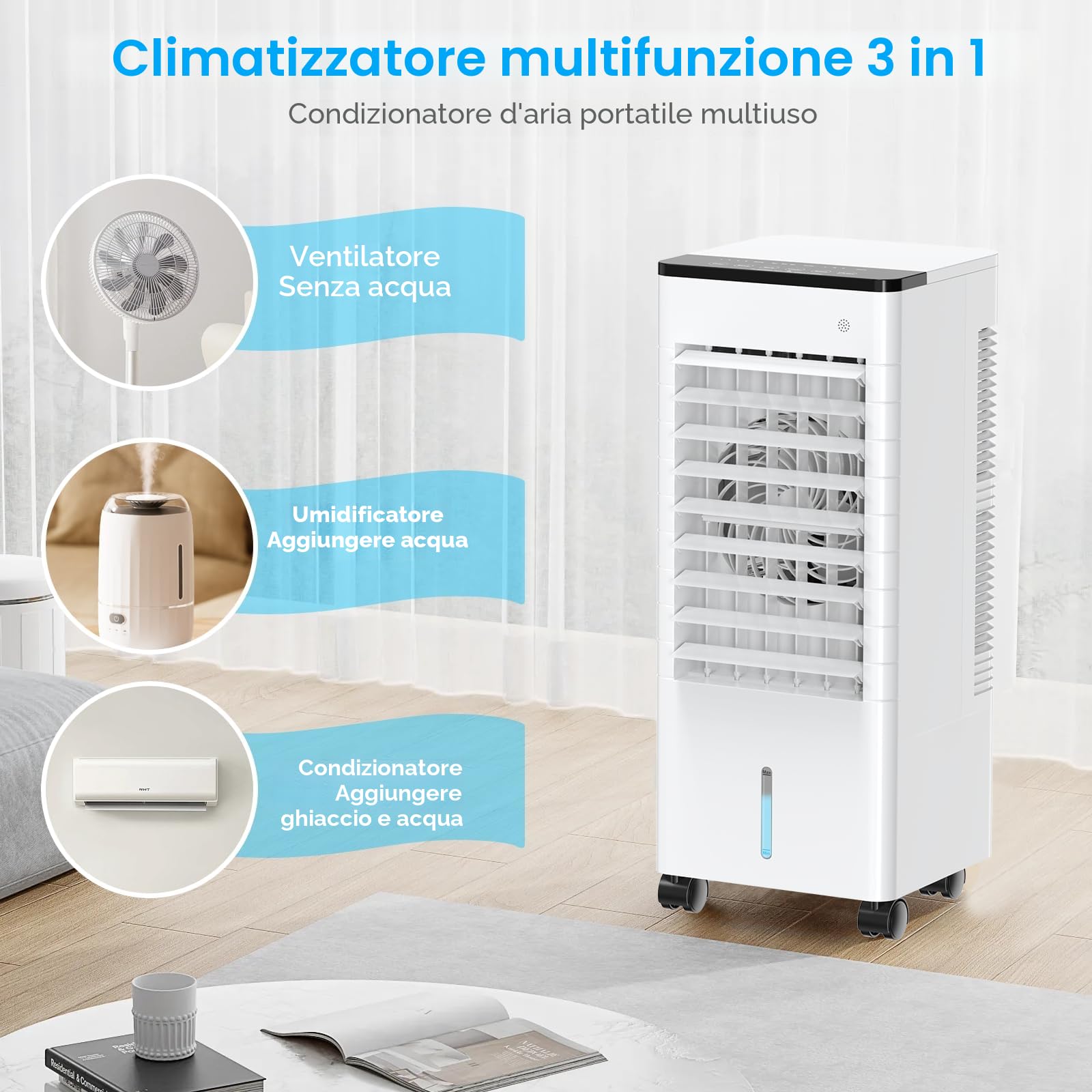 Condizionatore Portatile Senza Tubo, Silenzioso Raffreddatore d'aria Grande Serbatoio da 5.5 L, 4 in 1 Multifunzione Evaporativo Mobile, Timer da 7 ore,3 Velocità,con Telecomando,Senza Unità Esterna