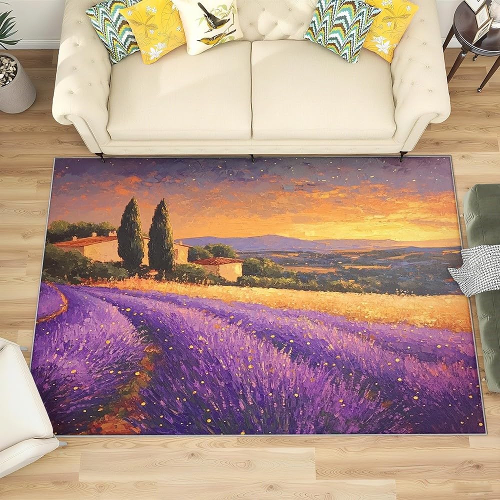 Generisch Zachód słońca, morze lawendowe, miękki, antypoślizgowy, nadaje się do prania, 180 x 240 cm, styl olejowy, łatwy w pielęgnacji, z krótkim włosiem, odporny na zabrudzenia, do salonu, sypialni