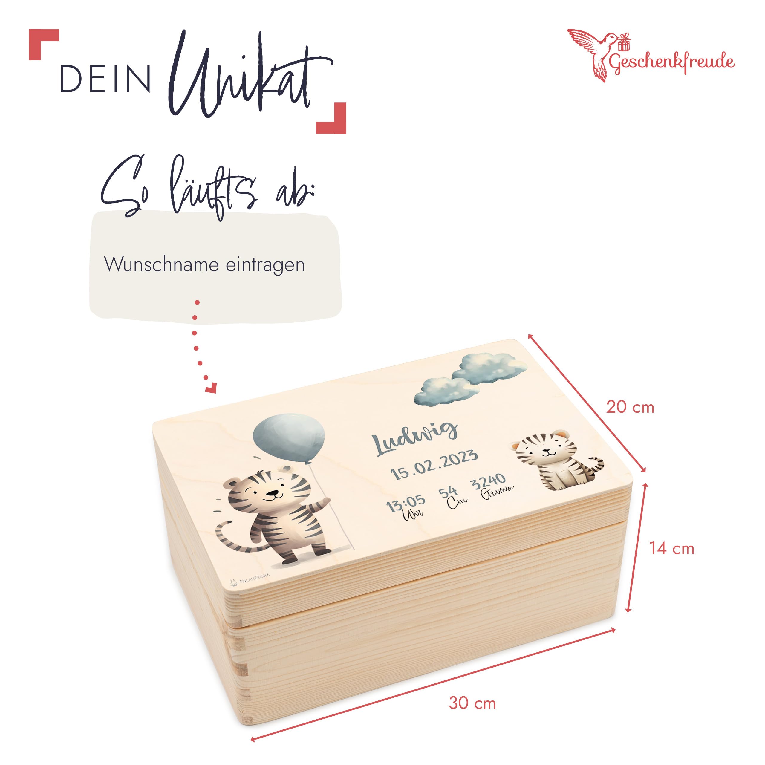 Geschenkfreude Erinnerungsbox Baby Personalisiert - 30x20x14cm - UV-Druck - Individuelle Baby Aufbewahrungsbox - individuelle Erinnerungskiste aus Holz - Einzigartige Geschenke zur Geburt - Tiger