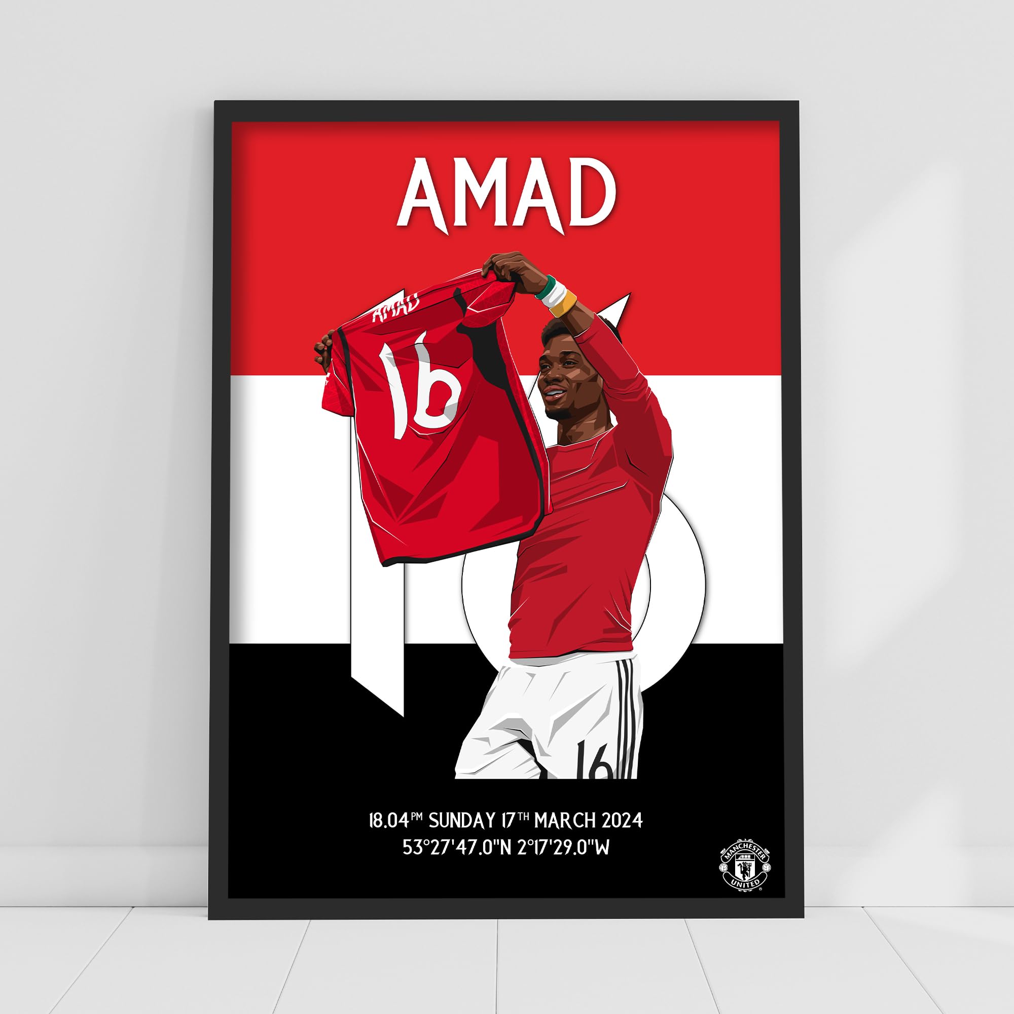 Themed Red Manchester United Fc Print - Amad Goal Celebration 24/25 Player Illustration Poster Football Wall Art (29.7Cm X 42Cm - A3)