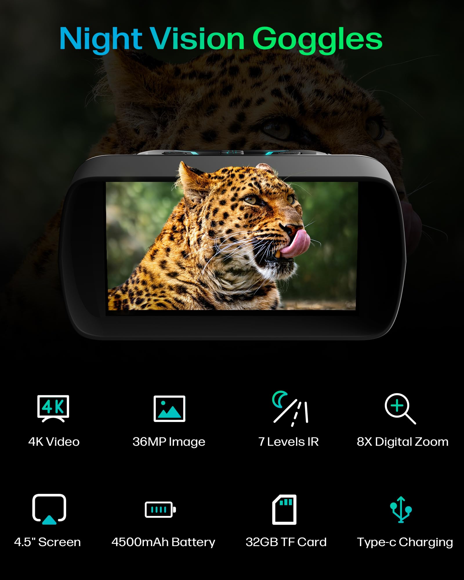 Binocolo Visione Notturna 4K, 36 MP Visore Notturno con Zoom Digitale 8X, Ricaricabile 4500mAh, Display HD da 4,5", Scheda 32GB Carta, 7-Livelli Visione Infrarossa, Perfetto per Campeggio