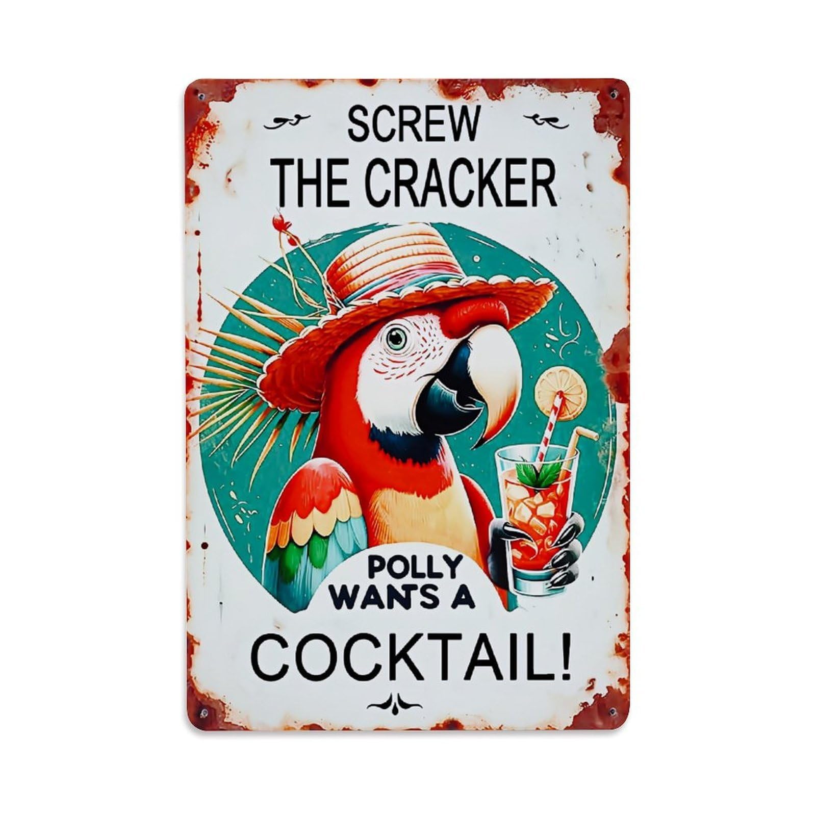 Jdyaojiesheng Vintage Parrot With Hat And Cocktail Tin Sign Retro Metal Wall Decor Metal Poster, Home Bar Garage Farmhouse Cafe Wall Art Decoration 8X12inches