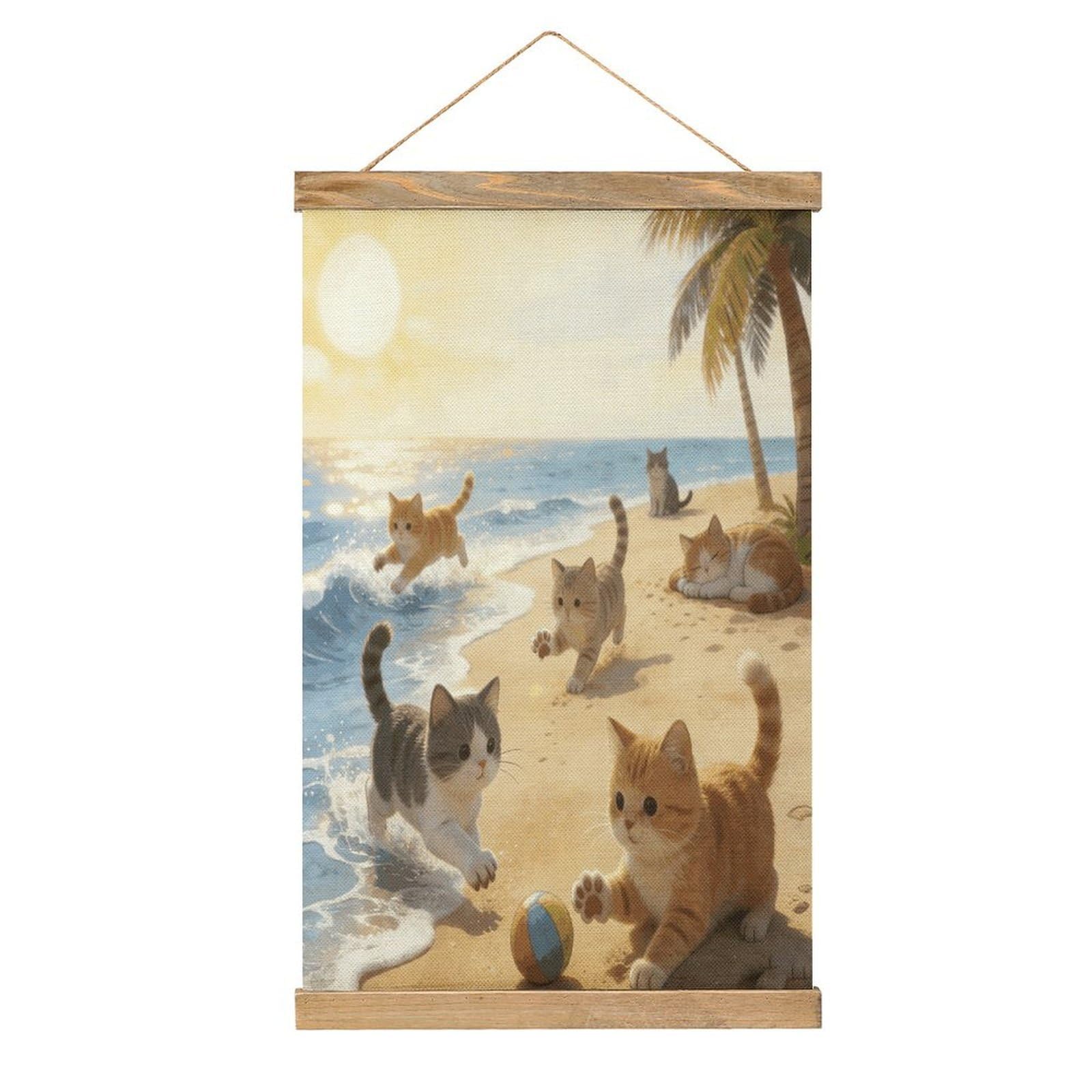 VstaDank Sunshine Beach Cat Cases Poster with Wooden Frame Hanger Art Painting Wall Decor Poster Wall Hanging Wooden Frame 13x20 Wood Poster Hanger for Photo Picture Art Canvas Print Artwork