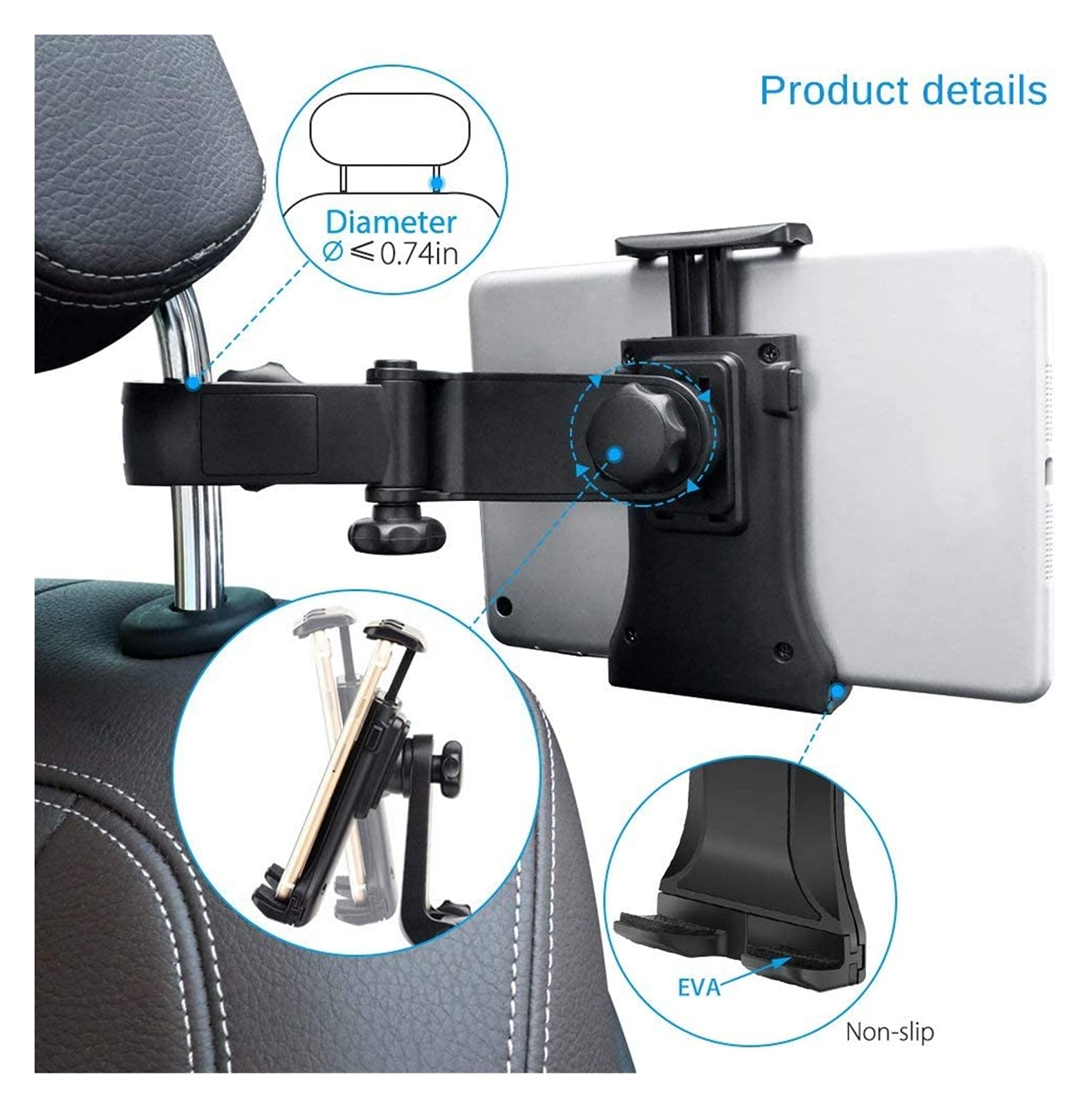 JJJ Montatura del poggiatesta Automobile BLKEER 360. Culla Rotante for seggiolino Auto for Tutte Le tavolette da 4,5~11 ", for PRO, Air Mini, Tab, Kindle, Telefono Black