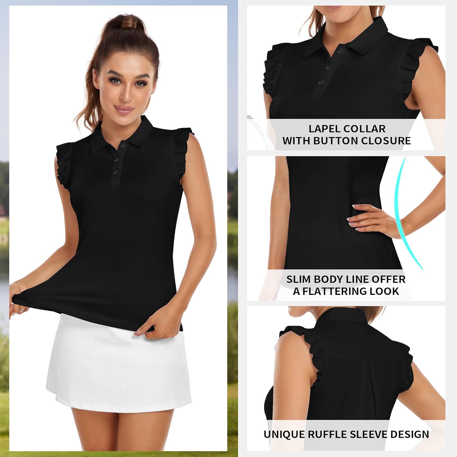 Womens Sleeveless Golf Shirt Ruffle Sleeve Polo Shirts Moisture Wicking Golf Apparel Tennis Shirts Golf Tank Tops