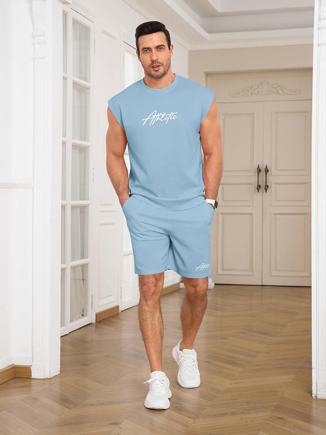 Lexiart Mens Oversize Tank Tops and Shorts Workout Sets Cut Off Muscle Gym T Shirts Summer Beach 2 Piece Outfits - Image 3