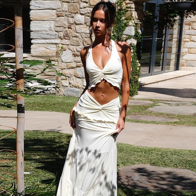 Wuitrie Maxi Skirt Set Women 2 Piece Outfits Sleeveless Strap Top Maxi Skirt Solid Going Out Vacation Two Piece Skirt Set - Image 5