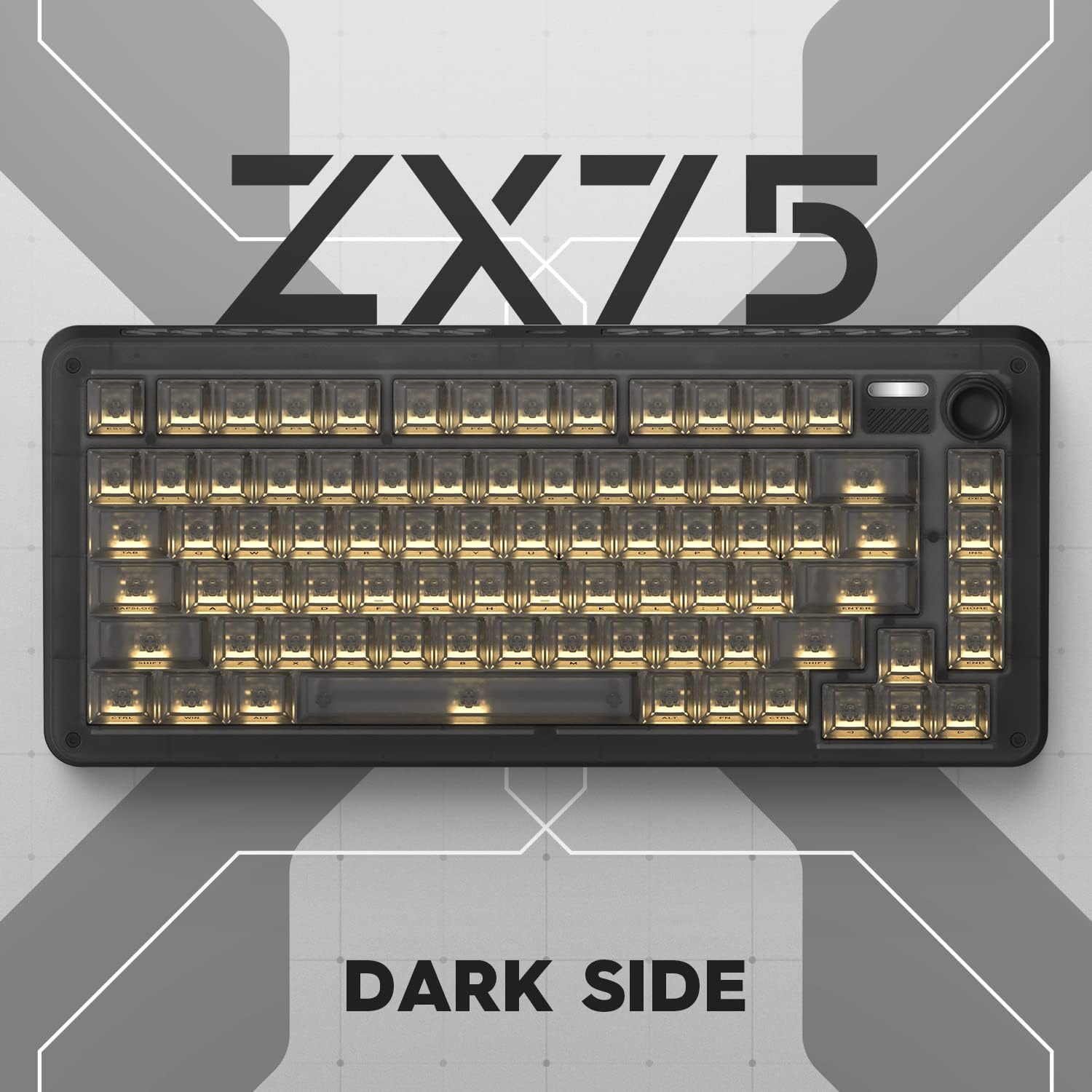 Viršutinė view of the IQUNIX ZX75 keyboard with 'ZX75 DARK SIDE' branding.
