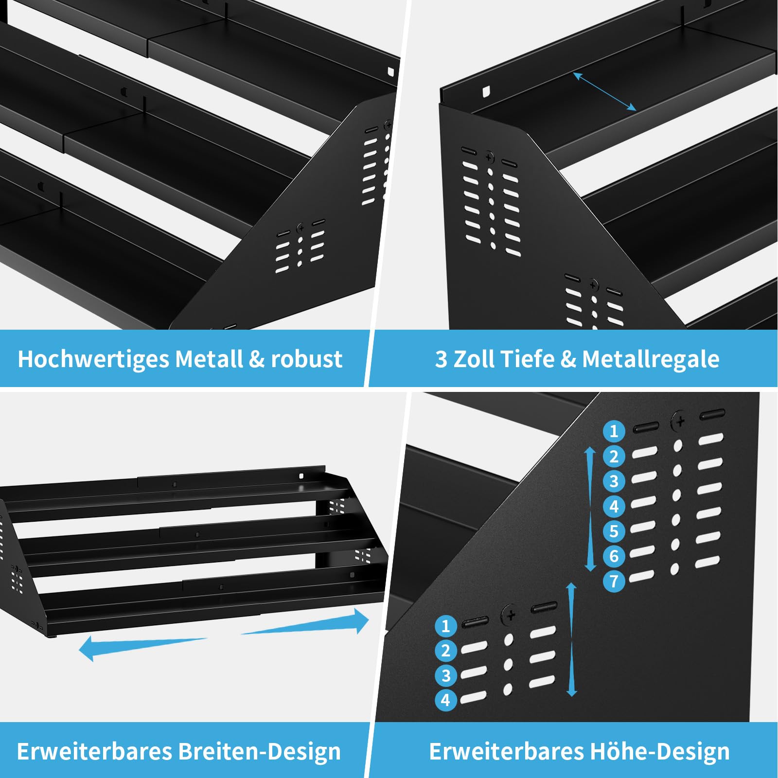 Gewürzregal mit 3 Ebenen, Küchenregal-Organizer, Gewürze Organizer, Erweiterbar Metall Schrank-Organizer Küche von 34cm bis 55cm, für Arbeitsplatte, Küche, Esszimmer-schwarz