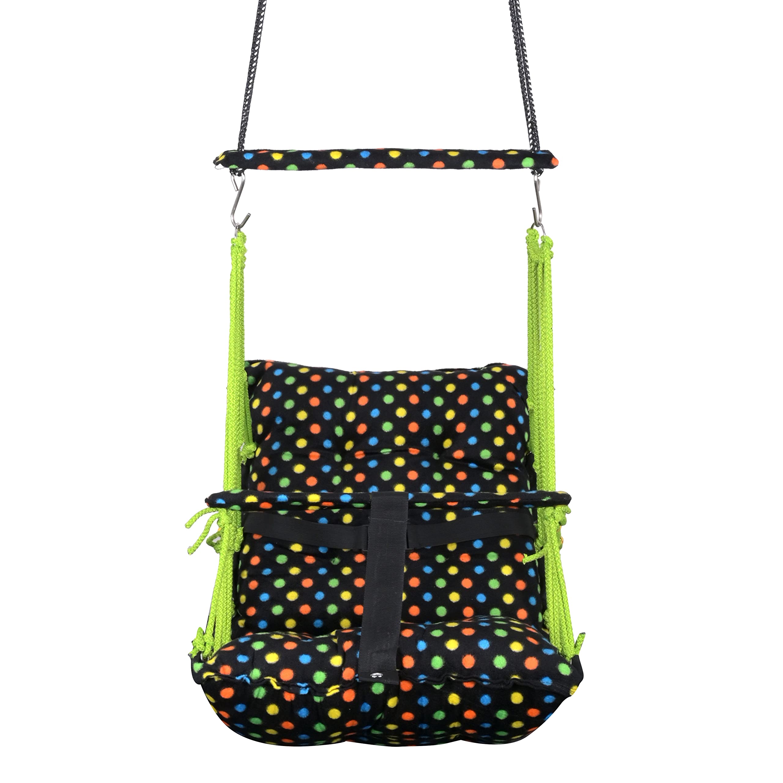 BOFFLE® Cotton Swing Chair for Kids Baby's Children Folding and Washable1-6 Years with Safety Belt/Home,Garden Jhula for Babies|Swing for Kids | Seat and Back Side 16x16 inch (Black dot)
