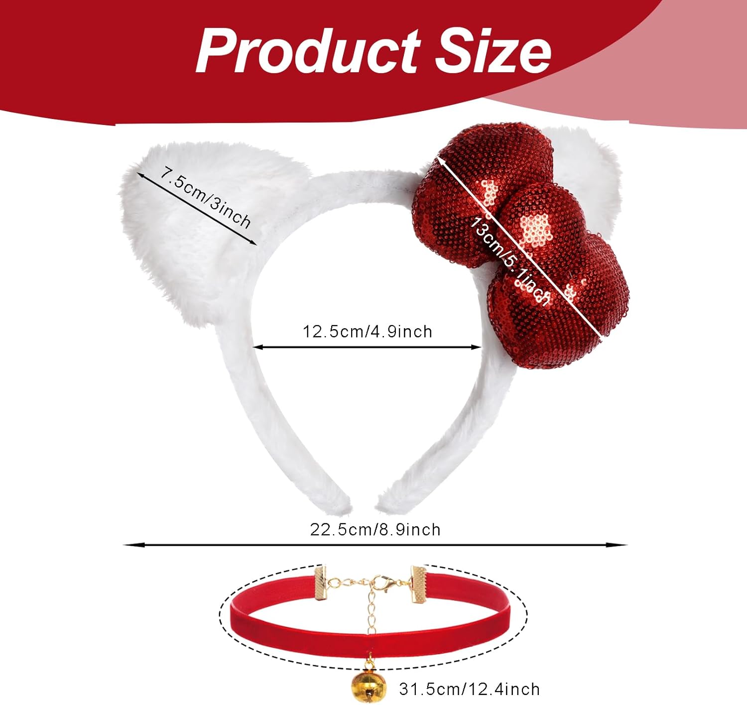 Cat Women Costume Accessories, White Cat Ears Headband Red Velvet Necklace with Bell Halloween Costume Accessories for Adult Women Cosplay Party - Image 2