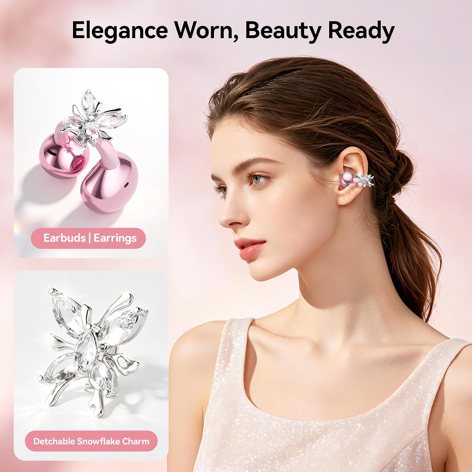 Clip On Earbuds with Detachable Butterfly Earrings & LED Makeup Mirror Case, Wireless Earbuds Bluetooth 6.0, Air Conduction Headphones, Lightweight for Travel Work Daily Use,Great Gift Choice image 2