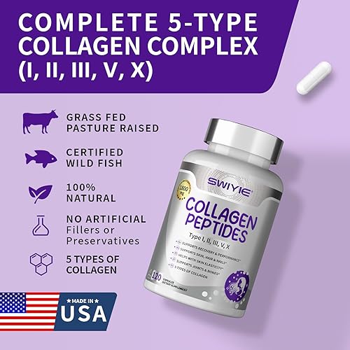 Miniatura 7 de Cápsulas de péptidos de colágeno múltiple de 1800 mg, suplementos de colágeno hidrolizado para mujeres y hombres con tipos I, II, III, V y X,