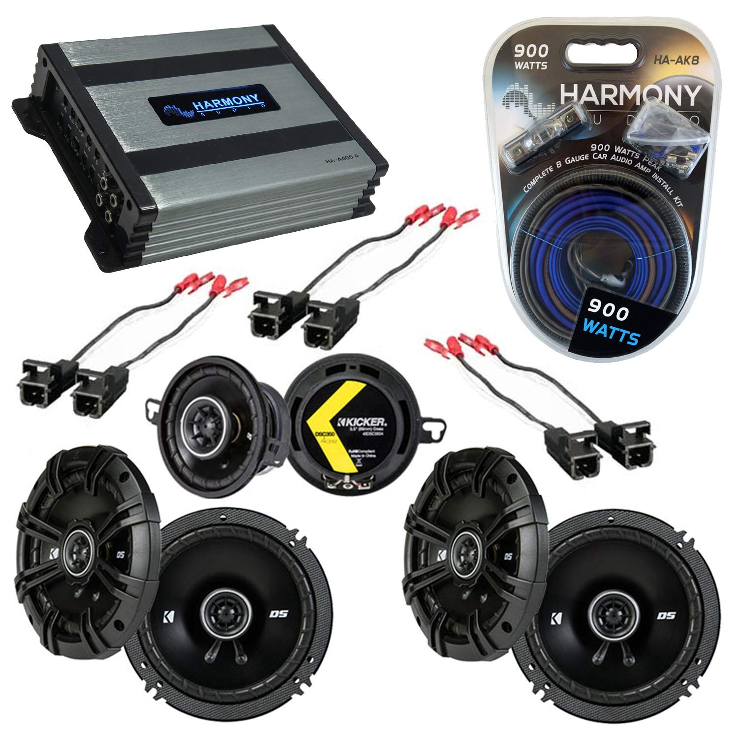 Harmony Audio Bundle with Kicker 43DSC6504 43DSC3504 Speaker Replacement & Harmony HA-A400.4 Amp Compatible with Oldsmobile Bravada 2002-2004