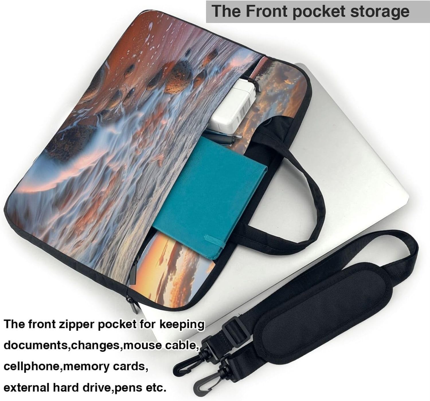 Beach Maui Hawaii Sunset Sea Waves Clouds Printed Laptop Bag, Three Layer Protection Shockproof Crossbody Laptop Shoulder Bag for Men and Women, black, 14 inch