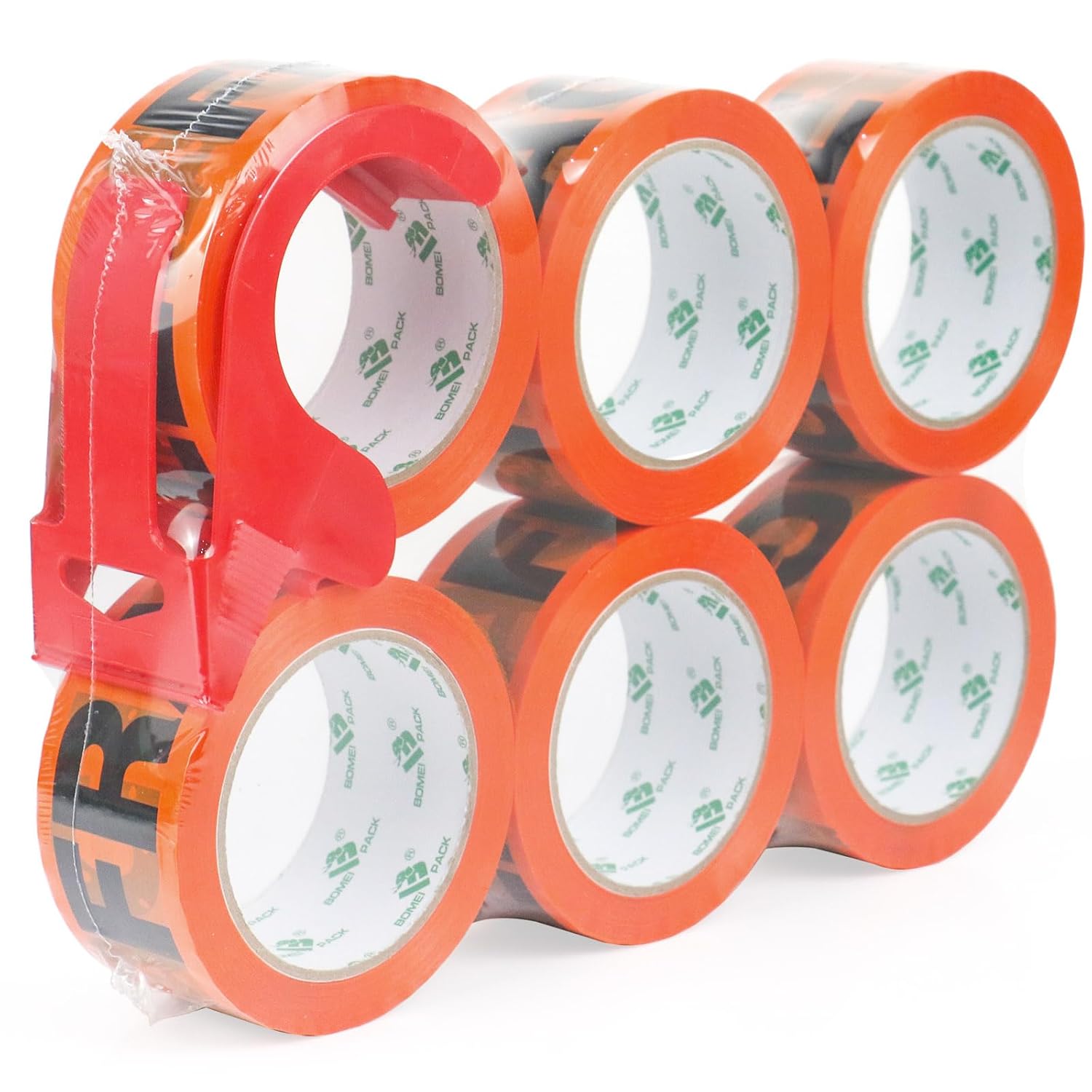 BOMEI PACK Fragile Tape 2 Inch x 180 Feet (60 Yards) 6 Rolls, Fragiles Tape Handle with Care for Shipping with Dispenser, Heavy Duty Marking Tape for Moving Box