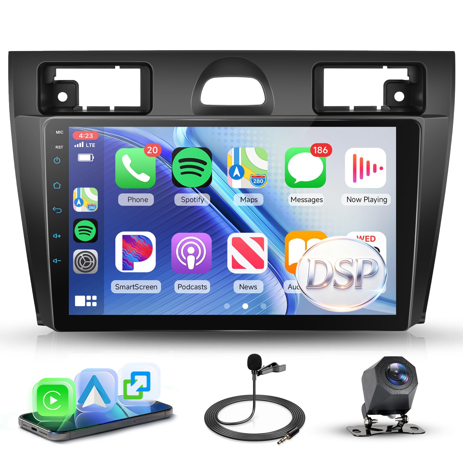 Rimoody Autoradio per Ford Fiesta Mk5 Mk VI 2002-2008 Carplay Wireless, 9 Pollici Touchscreen IPS Radio 2 din con Android Auto, Mirror Link, Bluetooth, FM/RDS, DSP, Comandi al Volante Retrocamera