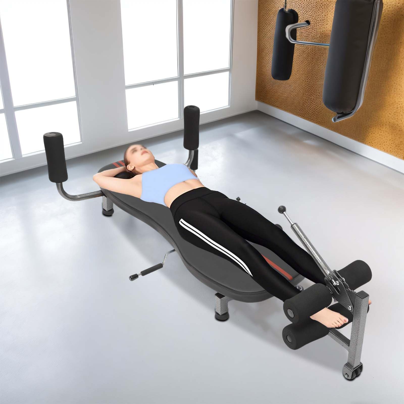 Ortopedyczna prostownica do pleców, ławka dekompresyjna i urządzenie do rozciągania kręgosłupa, regulowana do 150 kg, z uchwytami na nogi i ergonomicznymi uchwytami