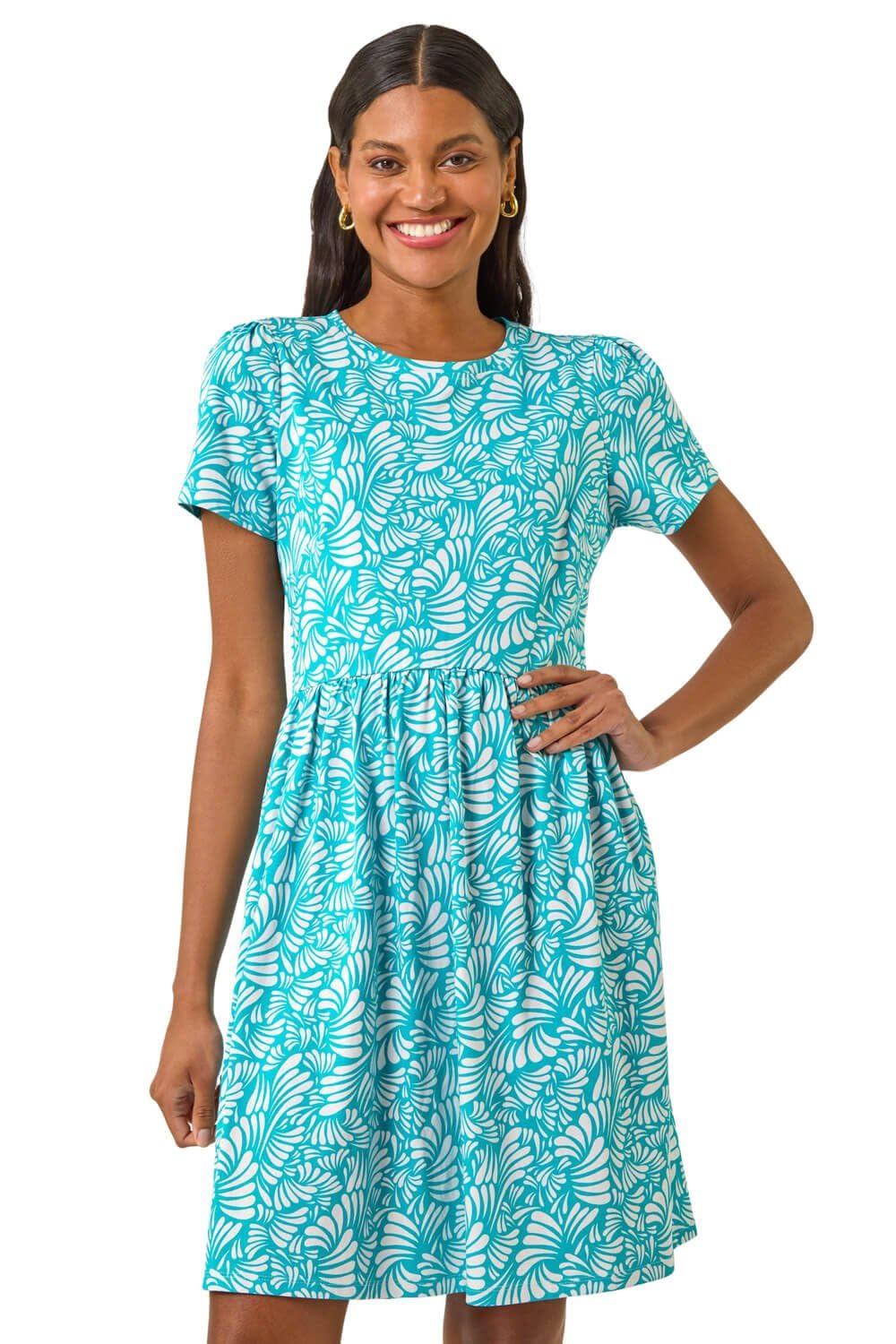 Roman Originals Women's Aqua Abstract Print Jersey Dress For Uk - Everyday Holiday Spring Summer Round Neckline Comfy Soft Evening Vacation Work Party - Size 18