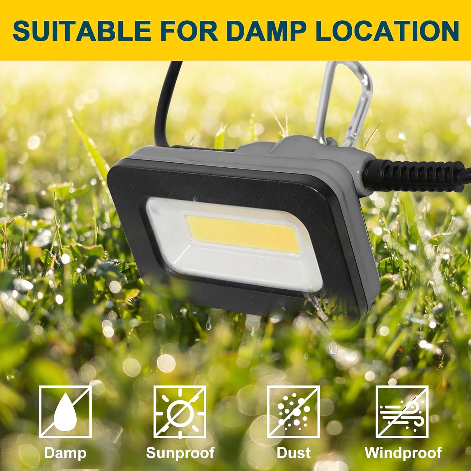 50FT LED Work Light 50W 5000 Lumen Damp Rated Construction String Lights Linkable for Jobsite Lighting, 5000k Daylight White, ETL Listed (5 Light Heads)