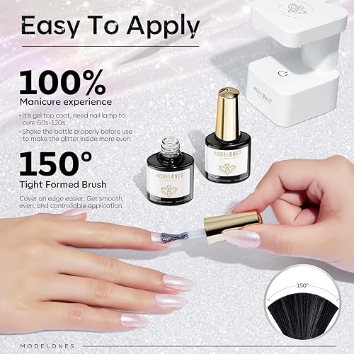 Vista 7 de Modelones – Capa superior de gel con purpurina aurora blanca ultrafina, esmalte transparente, acabado brillante y nacarado de larga duración