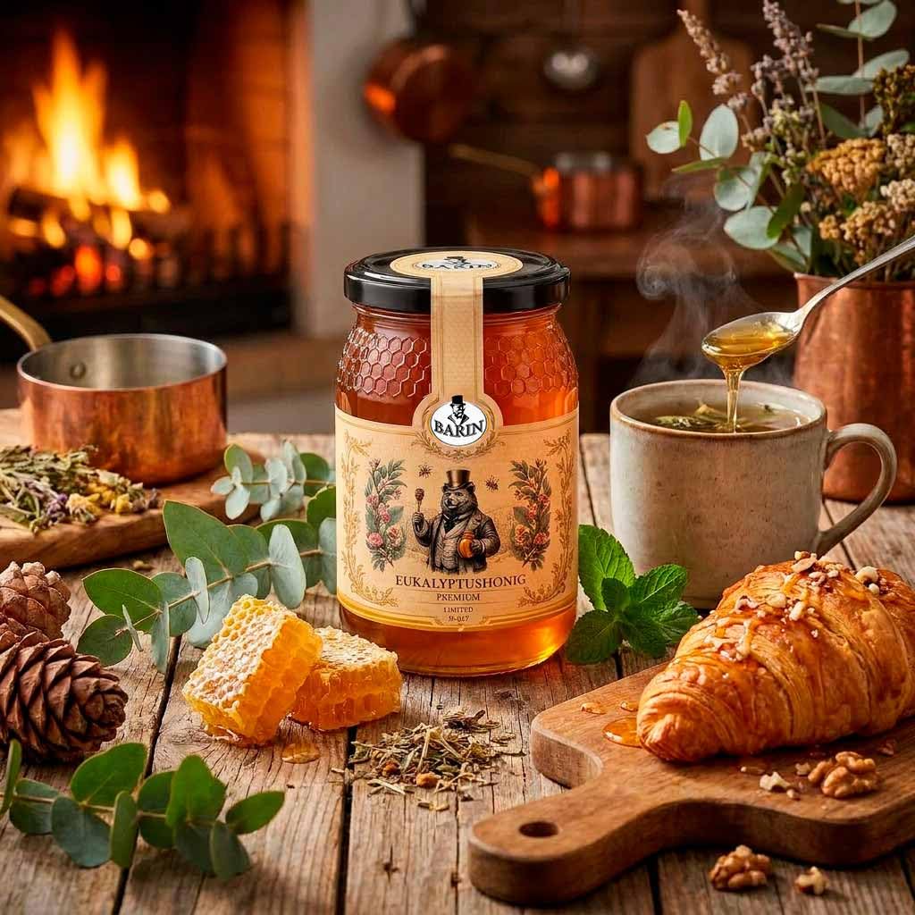 BARIN Honig Geschenkset – 6 Sorten Premium Sortenhonig aus Portugal (6×500 g), Probierset im Geschenkkarton mit Holz-Honiglöffel, Orangen-, Eukalyptus-, Kastanien-, Heide-, Lavendel- &