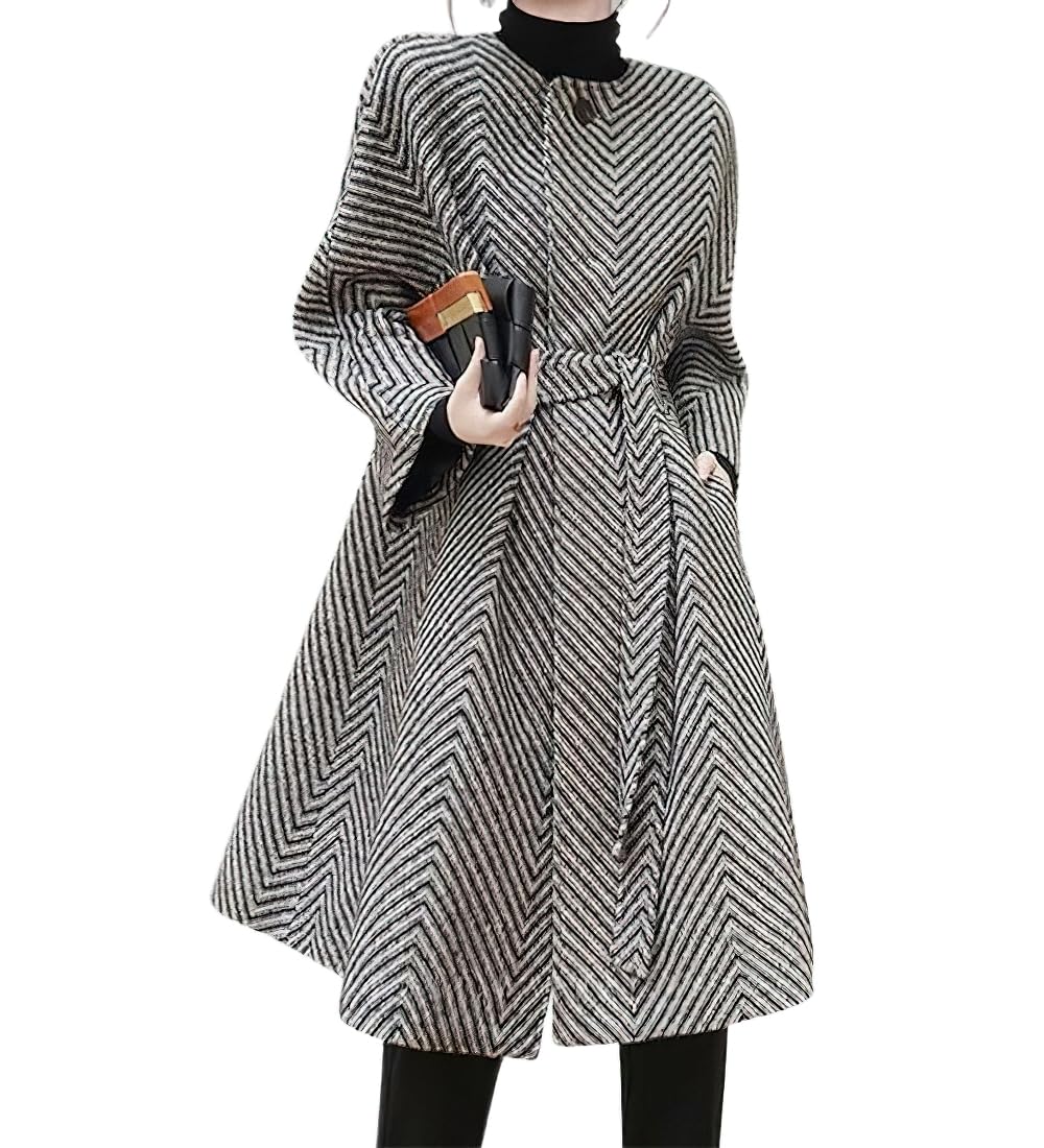 chouyatou Womens Herringbone Collarless Blazer Wool Coat 3 4 Sleeve Mid Long Trench Coat with Belt