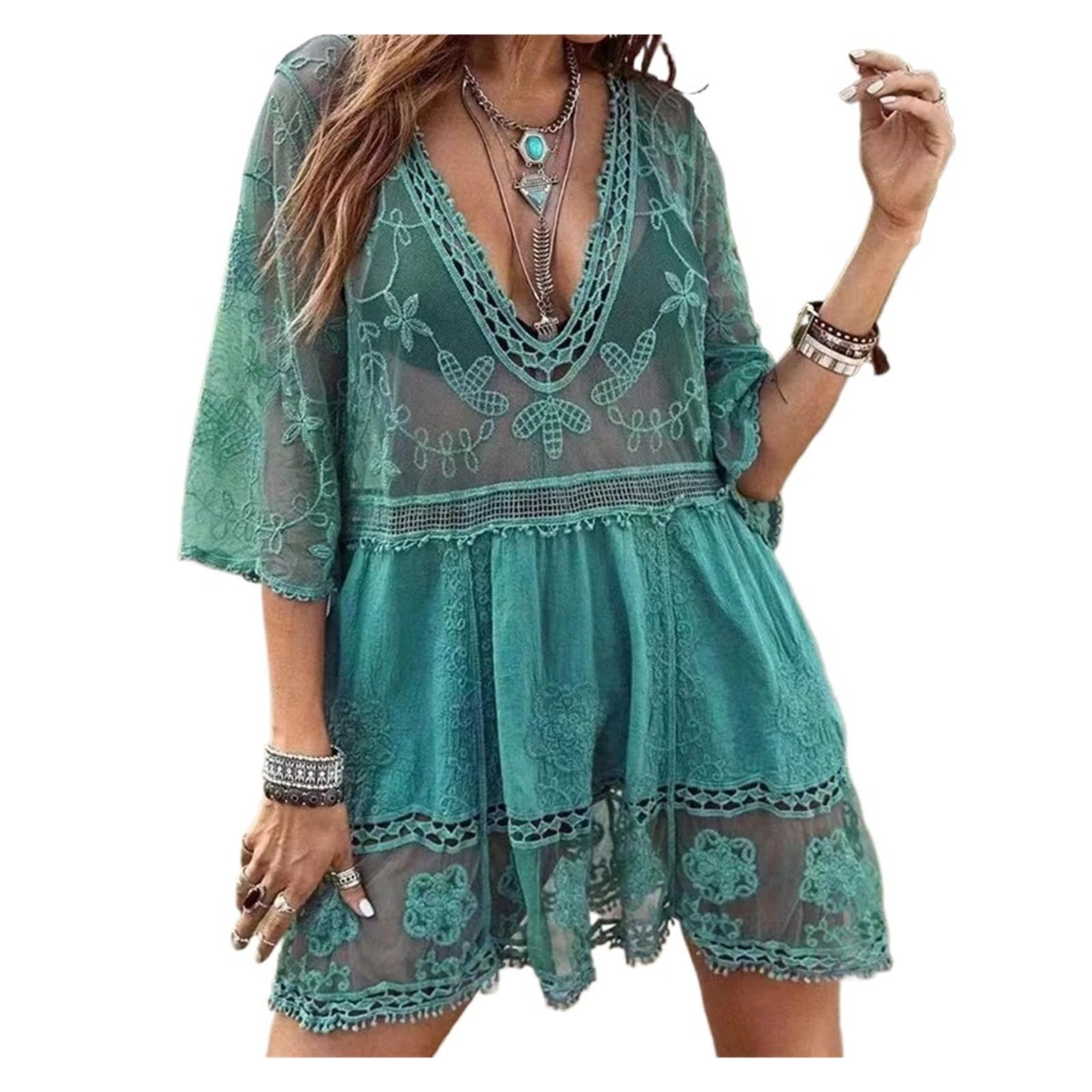 Bikini Cover Ups Maillots de Bain Femme Sexy Plage Couvrir col en v Femmes Plage Tunique Robe paréo Bikini Couvrir Haut en Crochet for Maillots de Bain Femme(Black)