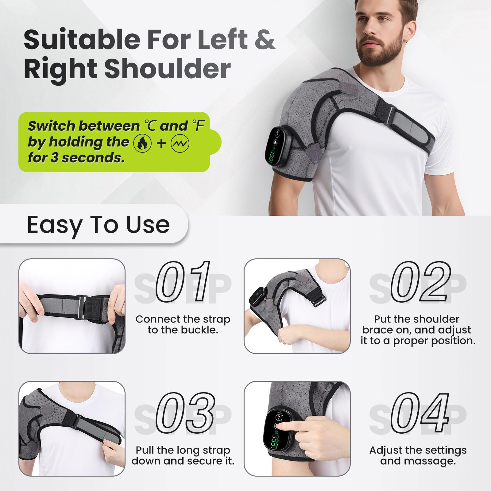 Coussin De Massage Chauffant Sans Fil Pour Épaule, Attelle Chauffante Avec 3 Niveaux De Chaleur Et Vibrations, Écran Tactile Et Batterie 5000mah, Adaptée À L'Épaule Gauche/Droite Pour Unisexe (Gris)