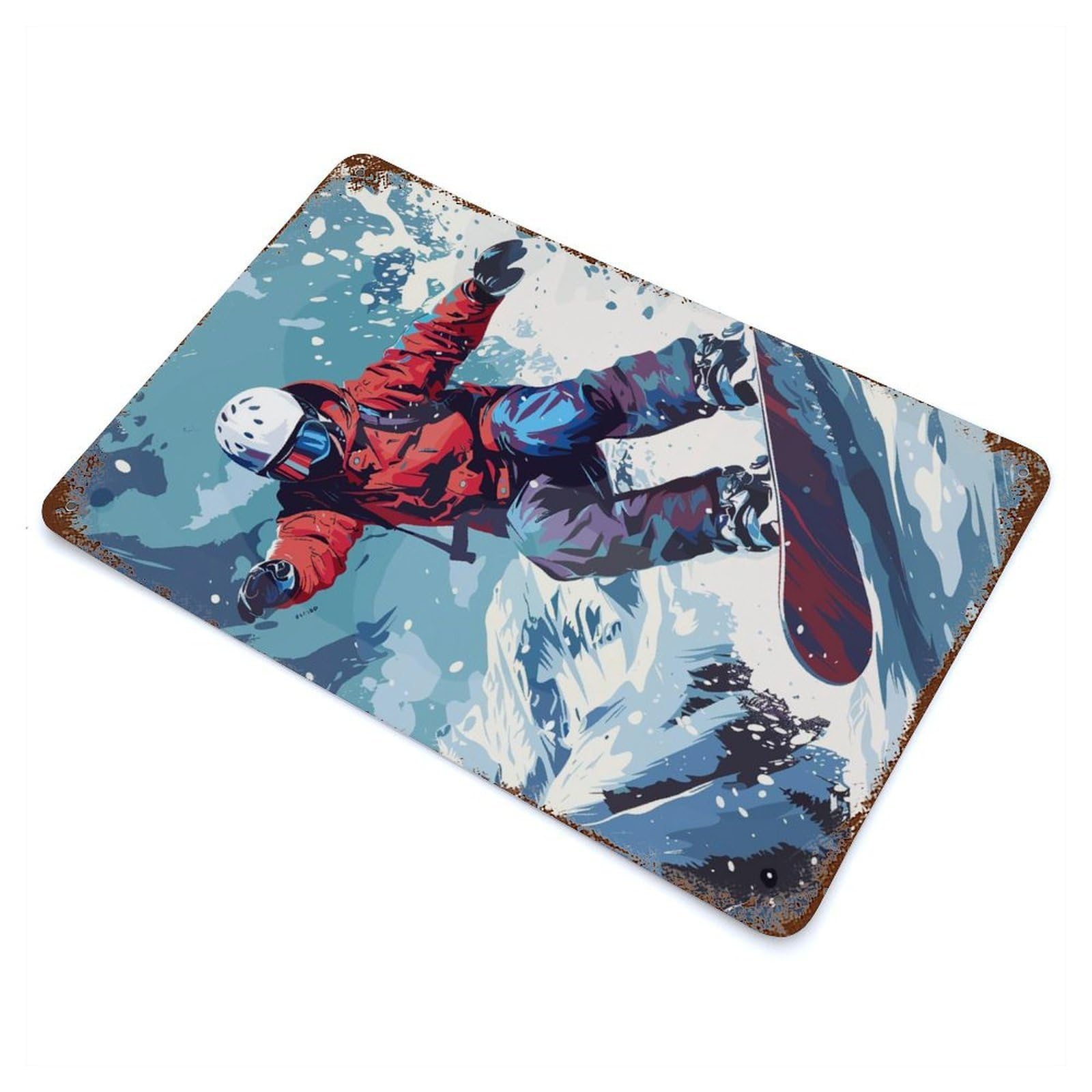 Aged Metal Wall Plaque with Snowboard Skiing Design 11.8"x7.9", for Garage, Bar And Workshop Decor, Rustic Home Decor