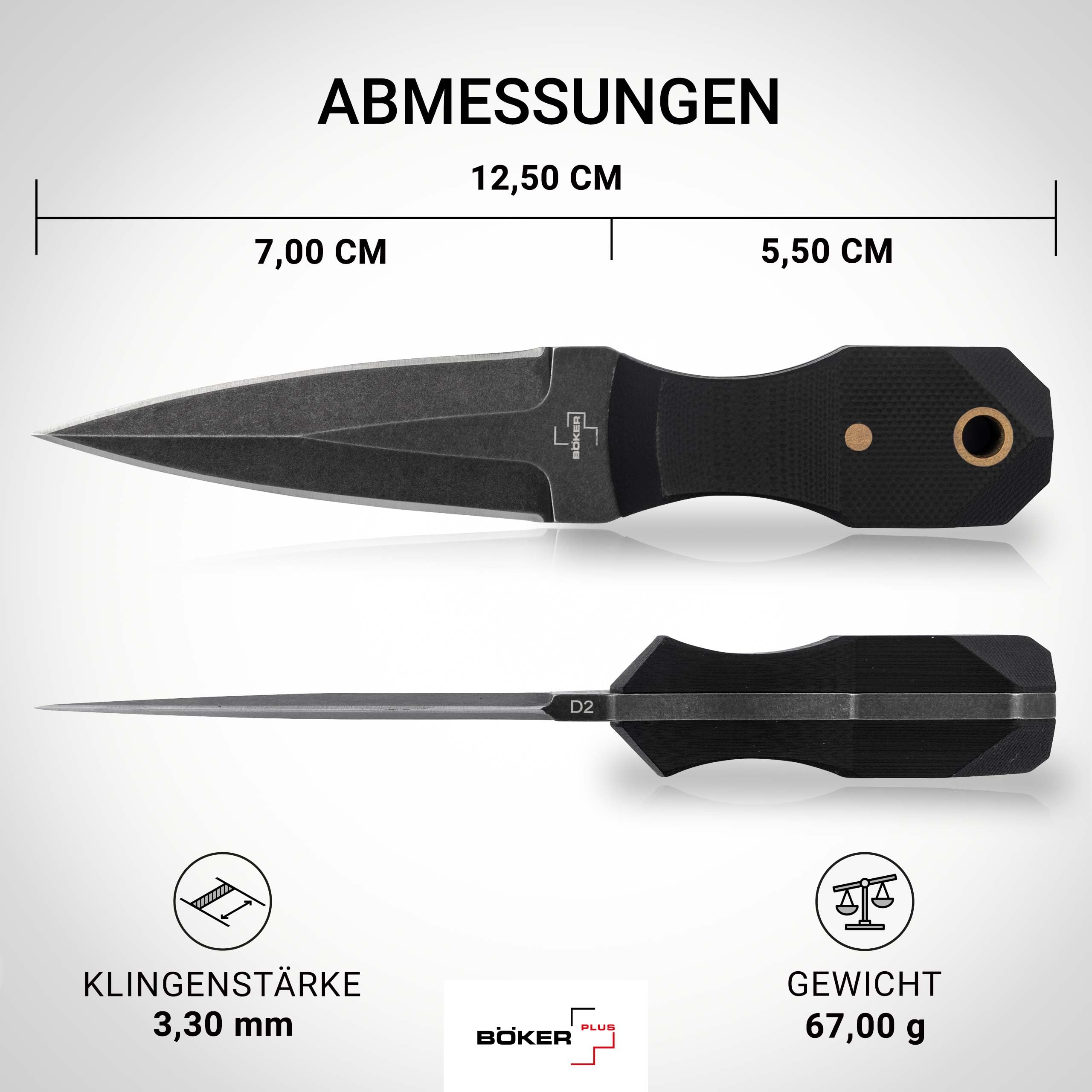 BÖKER PLUS - Pocket Rocket - Mini Neck Knife klein - Profi Fulltang Messer mit zweischneidiger D2 Klinge 7 cm - Halsmesser mit Kydex-Scheide & Kugelkette schwarz - Dolch Nackenmesser G10