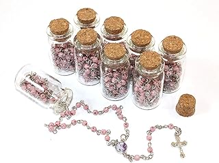 Baptism Pink Rosary in Glass Jar Bottle Beads Beaded Rosary Recuerdos De Bautizo Silver Catholic Crucifix Necklace Party Favor Baptism - 12PCS