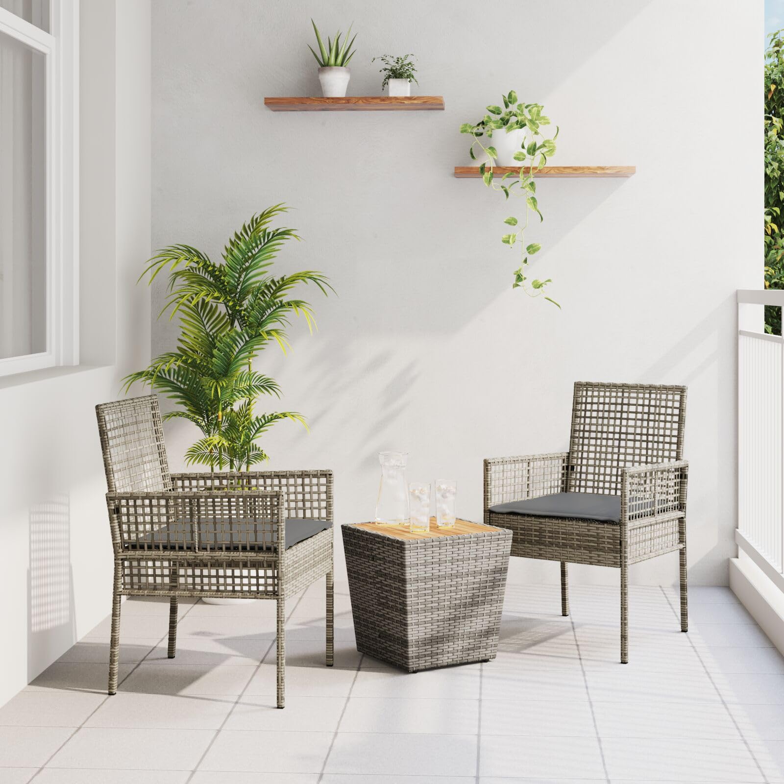 LAPOOH Set Bistro da Giardino 3 Pezzi con Cuscini Grigio in Polyrattan,Set da Bistrot,Set da Bistrot per Giardino,Set di Giardino-3334961