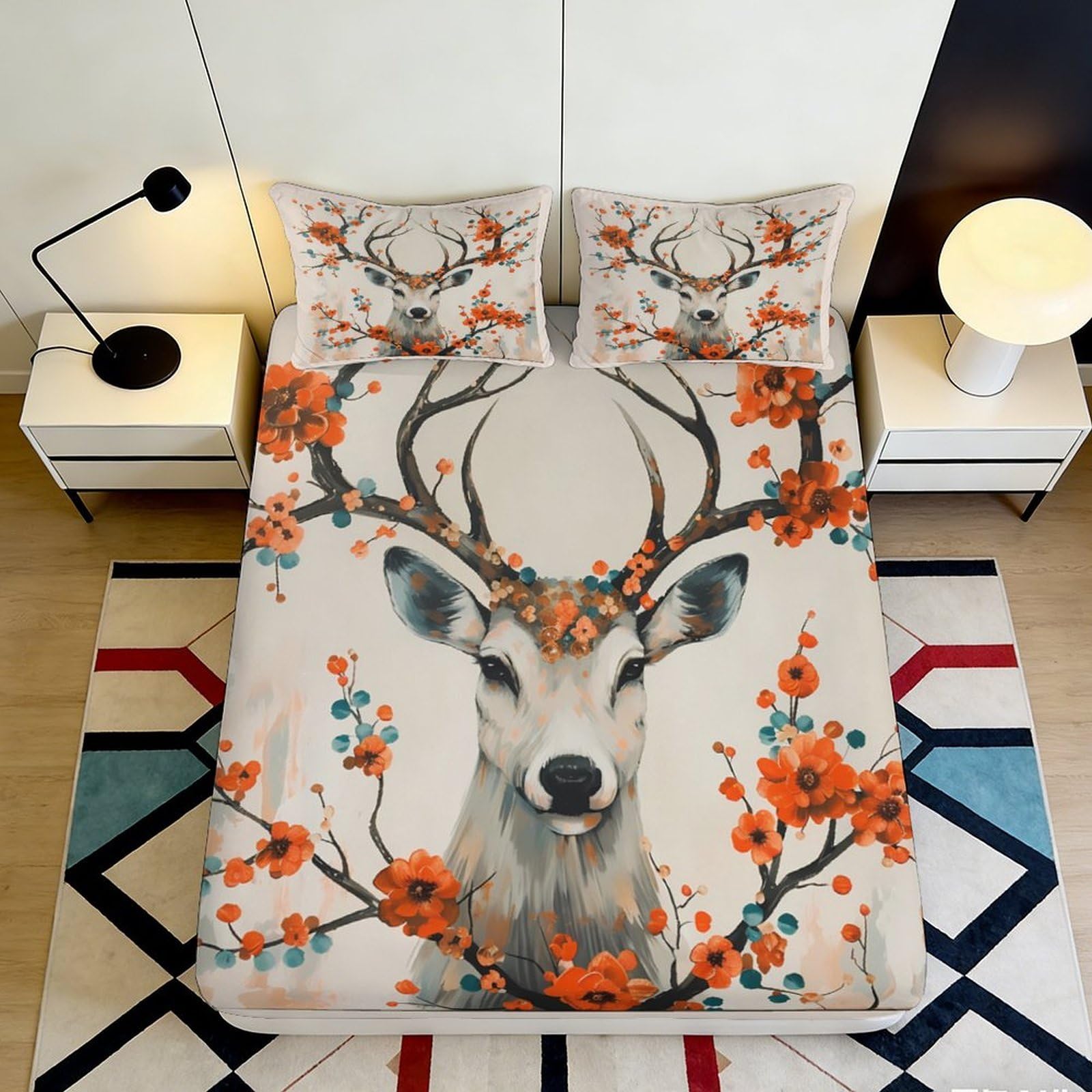 Decorative Deer Fitted Sheet, 3D Printed Orange Blossom Bed Cover, Soft Microfiber, Wrinkle Resistant, Home Bedding 90x200x25cm