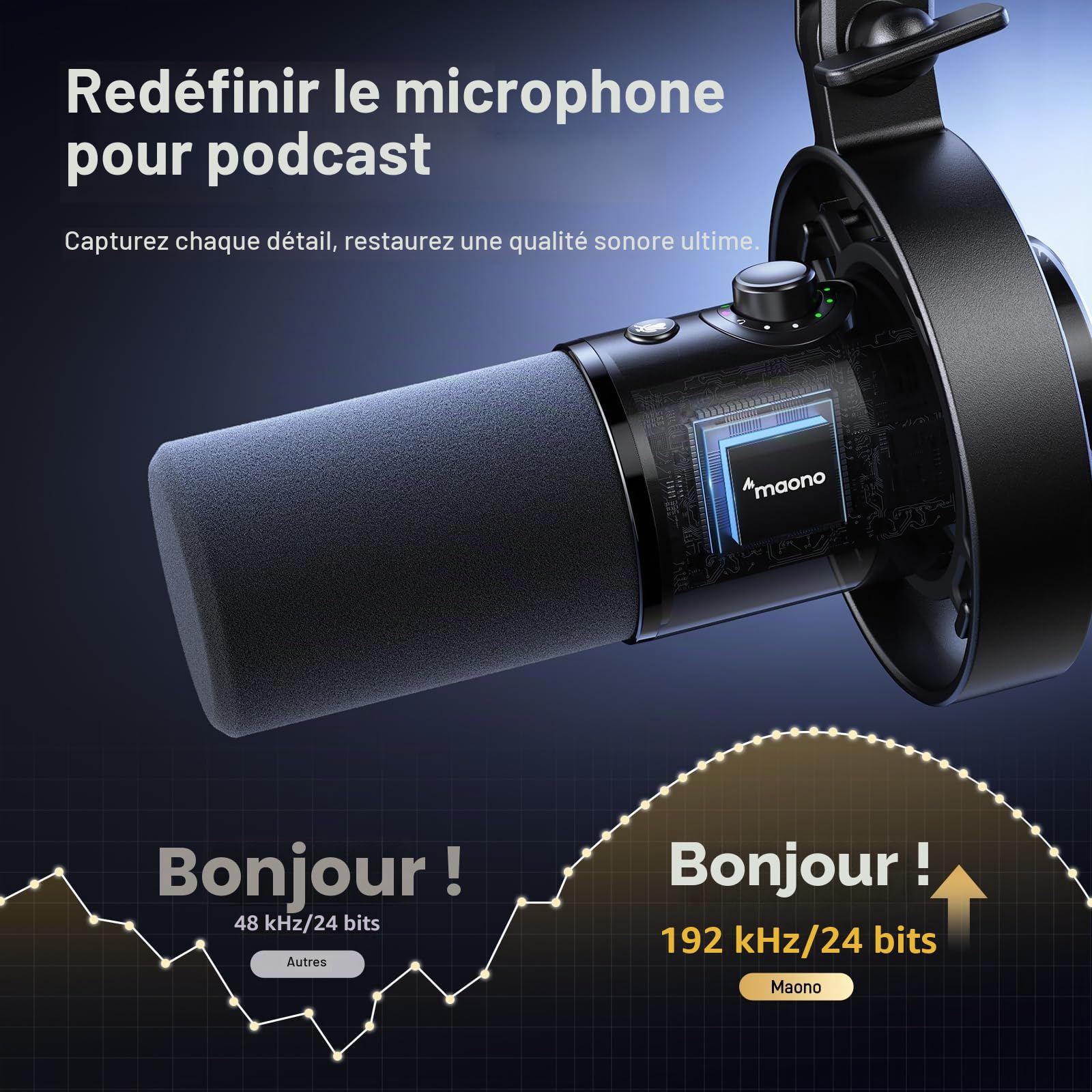 MAONO Microphone de Podcast XLR/USB, Microphone Dynamique PC avec Perche et Bouton de sourdine, Microphone Vocal pour Streaming, Studio, Jeux et Enregistrement, PD300XS