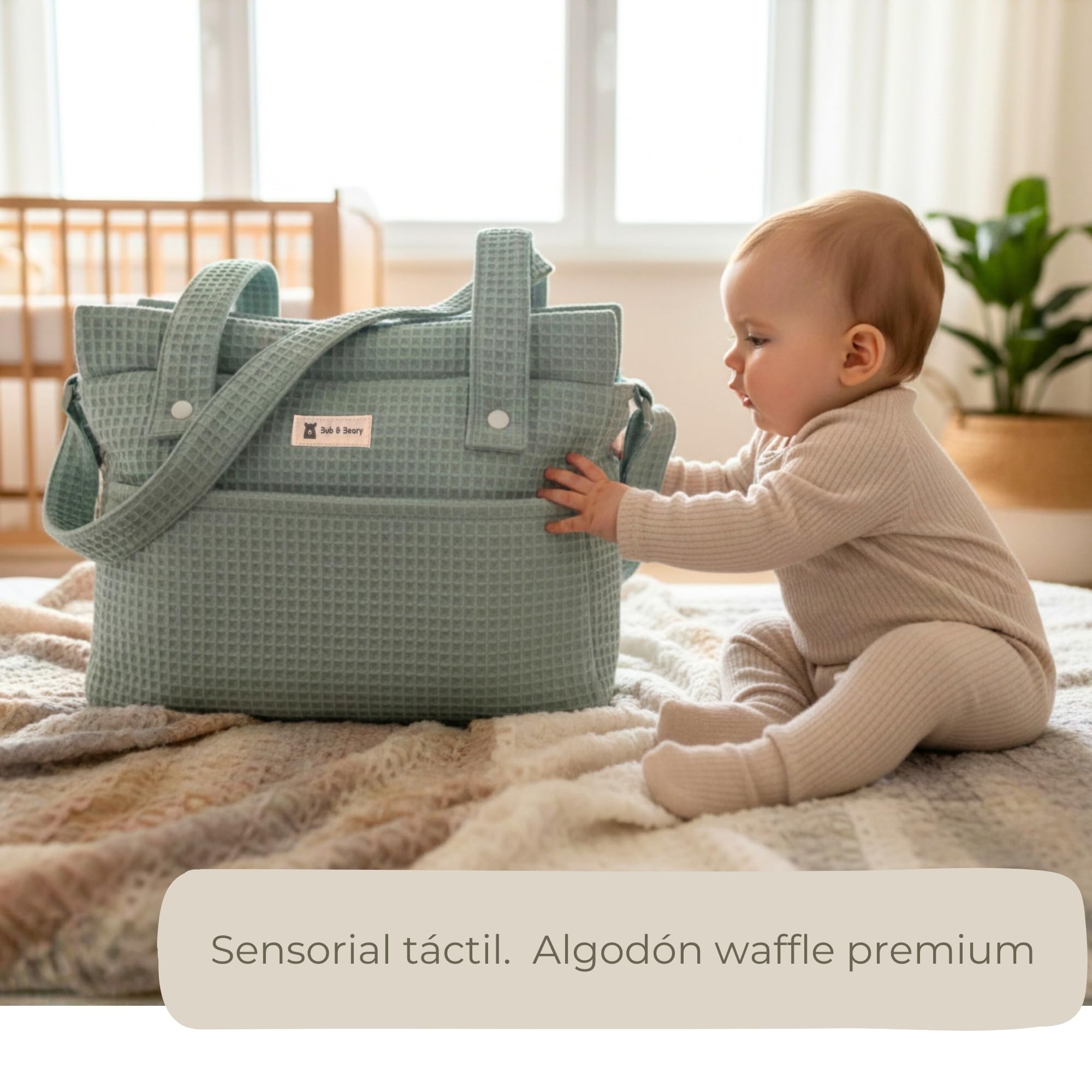 Bub&Beary Bolso Carrito Bebé 3 en 1 – Bolsa Paseo, Hospital y Organizador – Algodón Premium, Diseño Elegante y Sostenible – Regalo Baby Shower (Verde)
