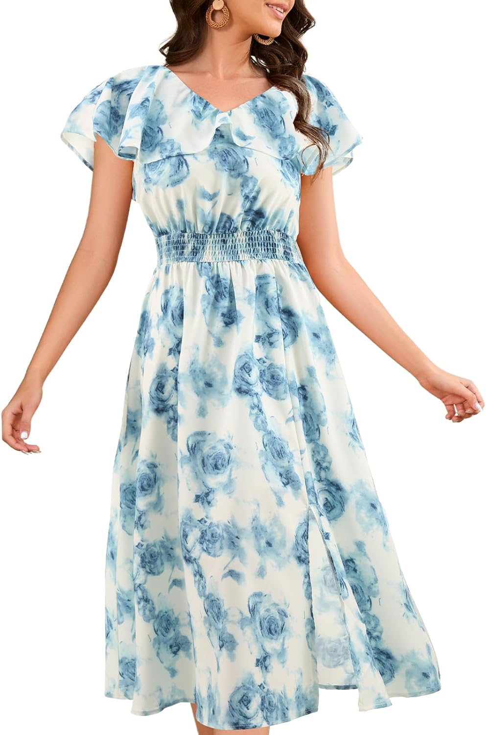 Bridesmay Women’s Summer Floral Midi Dress — Ruffle Sleeve Beach Wedding Guest Dress, V-Neck Swing Flowy Dress (XL, Blue White Flower)