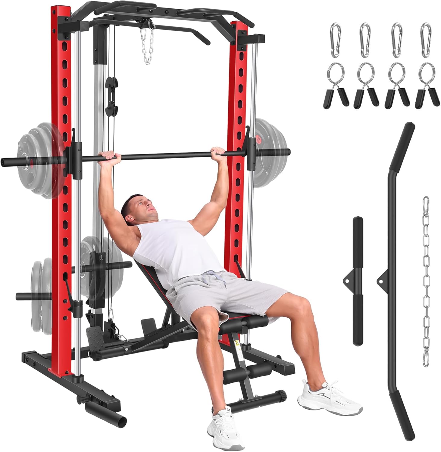 All-in-One Adjustable Smith Machine with LAT-Pull Down System Multi-Function Power Cage for Home Gym